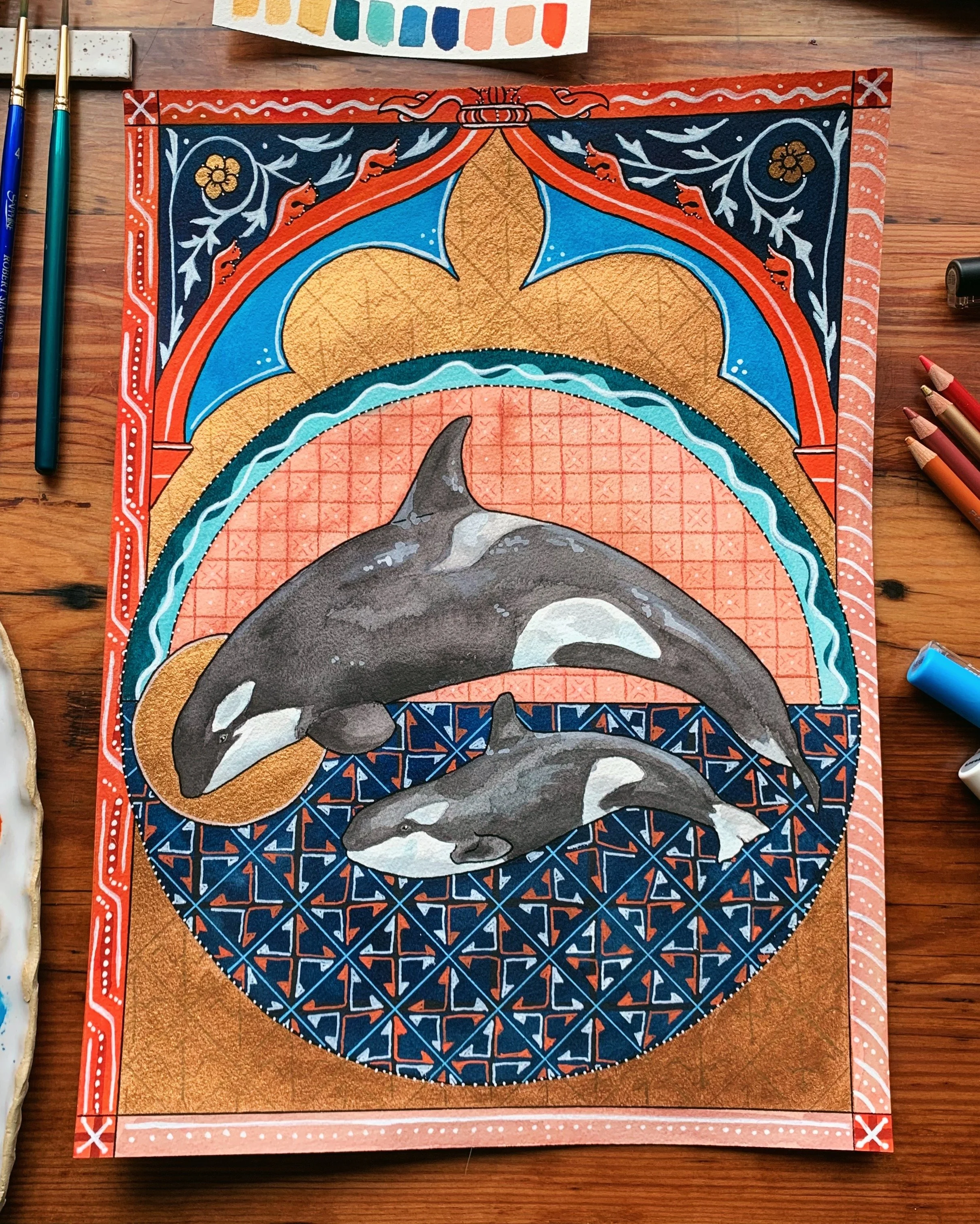Mother and Child, IV, 2020,
Watercolor, gouache and acrylic,
11” x 15,
Orca.
