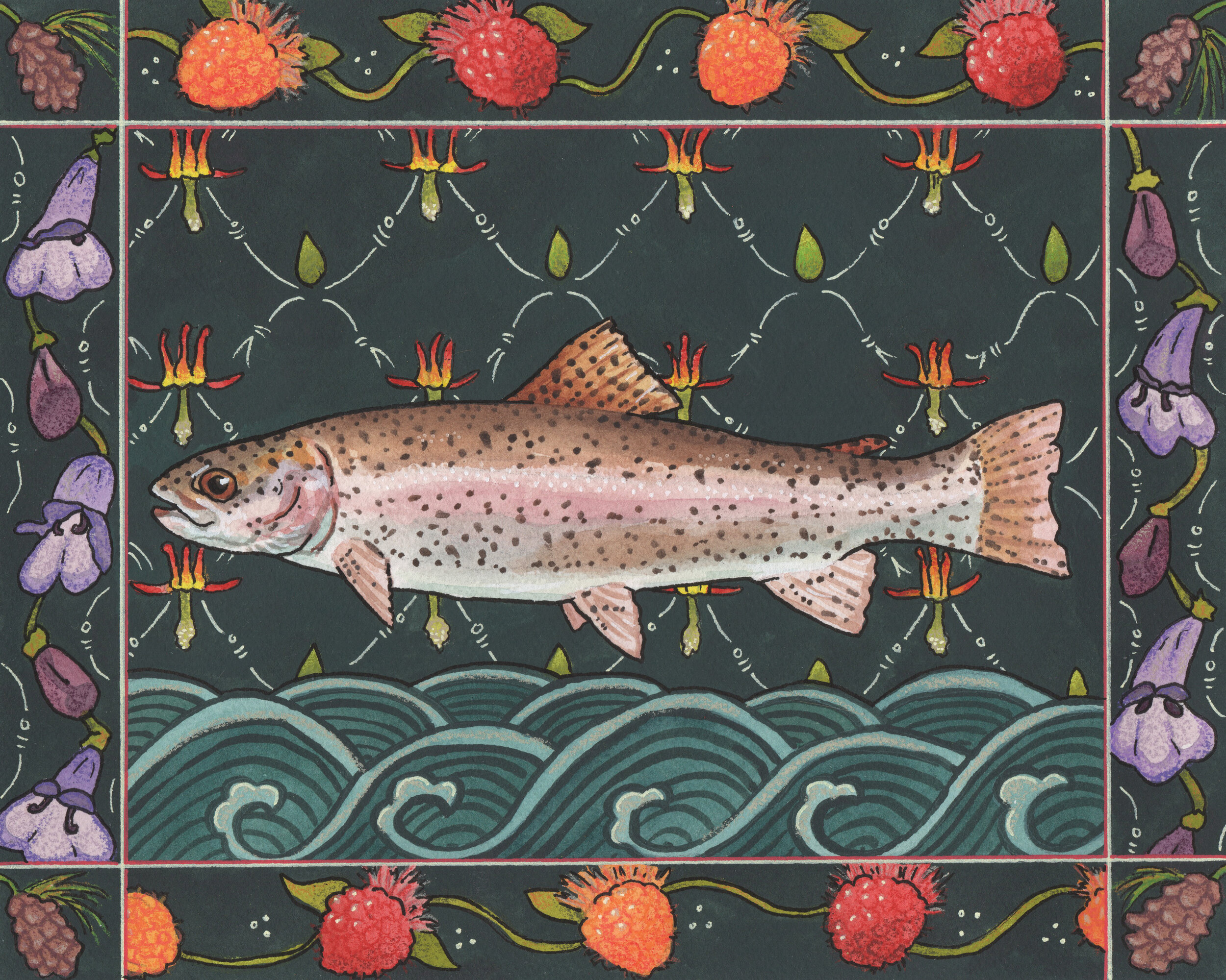 Salmonberry Run, 2021,
Gouache, watercolor and ink,
8” x 10”,
Rainbow Trout.
