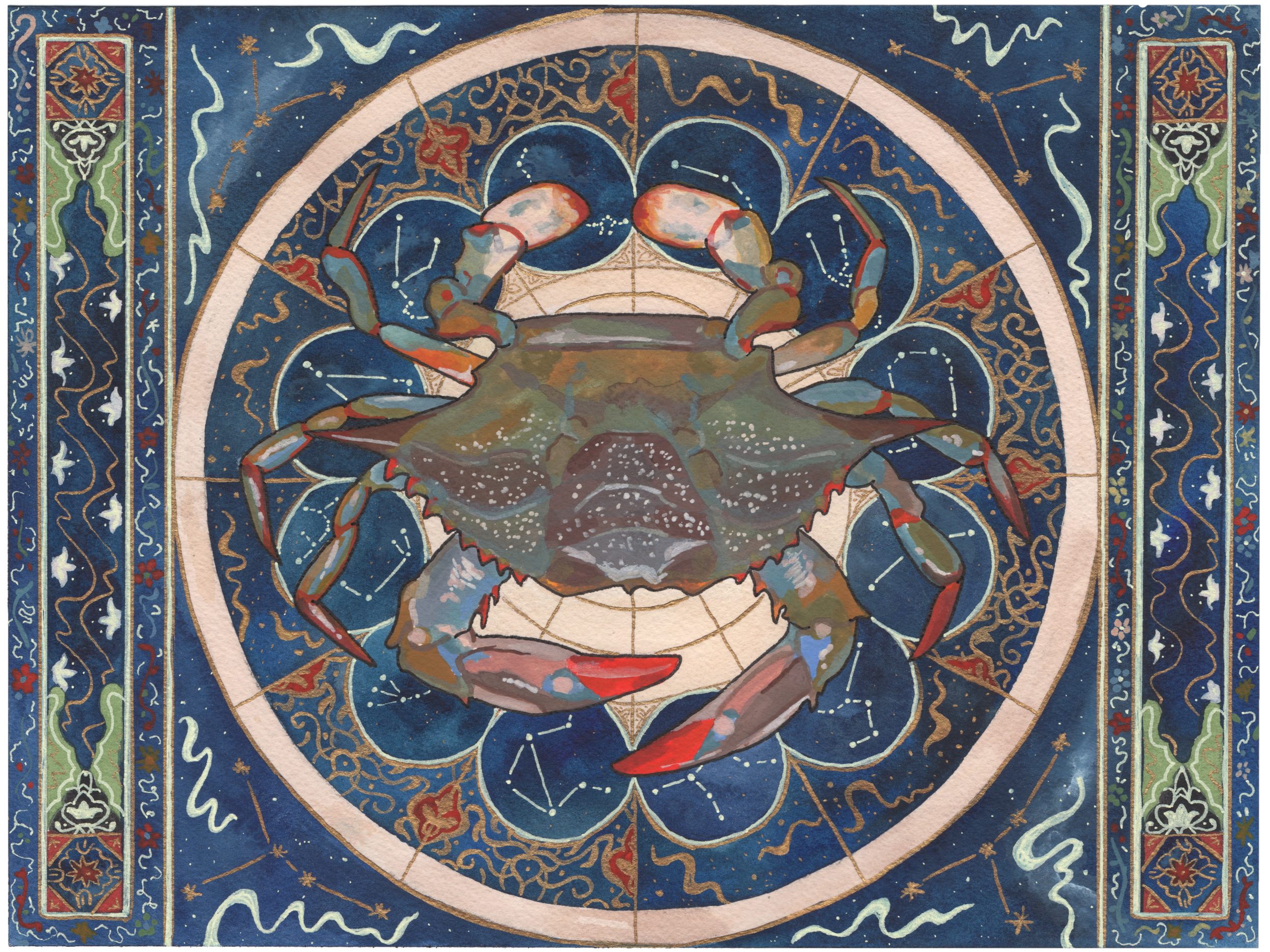Astrology of the Crab, 2021,
Gouache, watercolor and ink,
8” x 10”,
Atlantic Blue Crab.