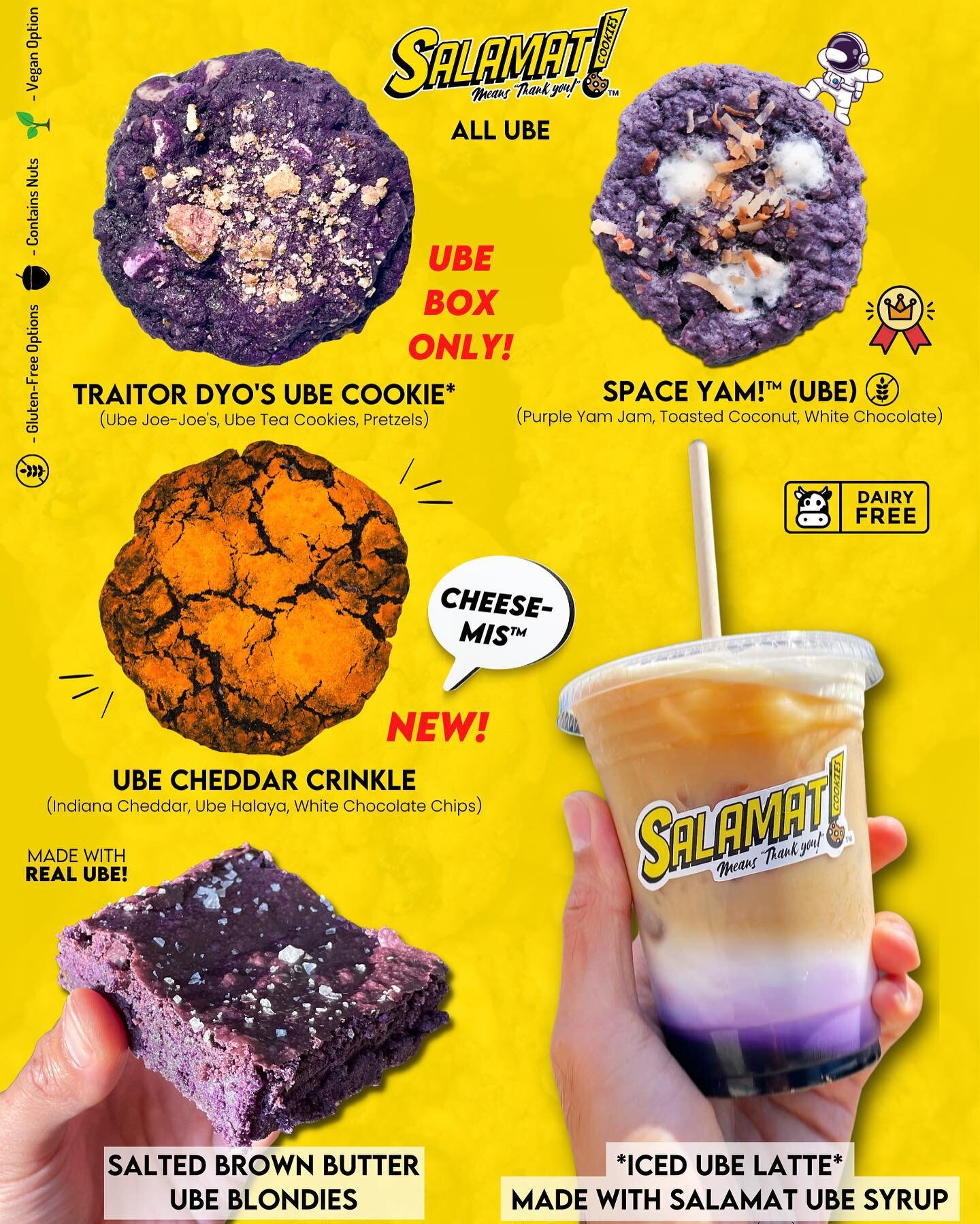 🎉💜 NEW MENU ALERT 💜🎉 

With our 3rd Birthday and the return of ALL UBE EVERYTHING, we had to go ALL OUT UBETHING 🍠✨

💟 Traitor Dyo&rsquo;s Ube Cookie - @traderjoes Ube Joe-Joe&rsquo;s c Ube Tea Cookies x Pretzels (UbeBox Exclusive ONLY)
💟 Chee