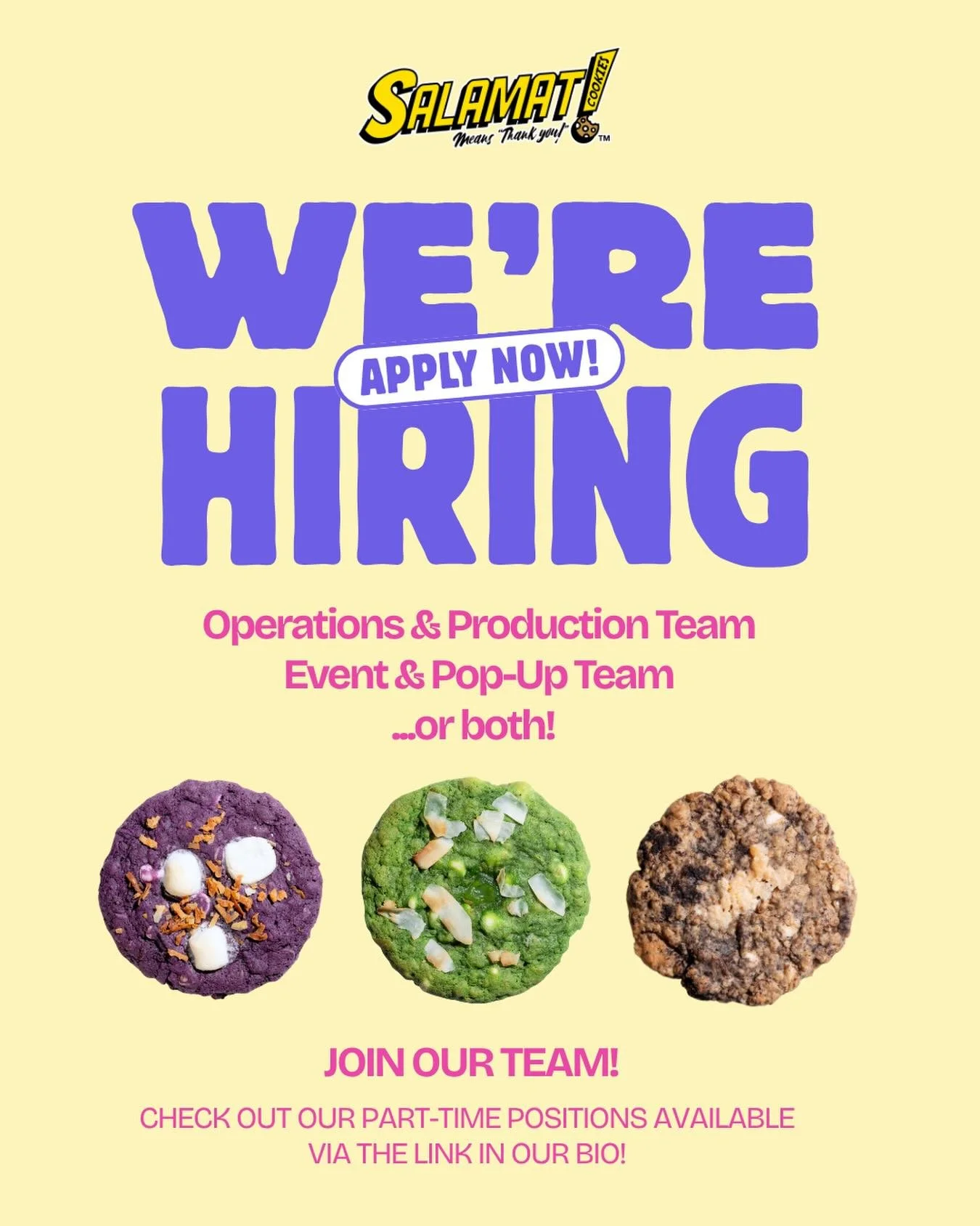 🎉 JOIN THE COOKIE SQUAD 🎉 #nowhiring

Bake with an amazing, fun, creative team experimenting with global-inspired and Filipino-American flavors! Plus: cookie and blondie bites to snack on during your shifts&hellip; yum! 🤤 We have lots in store thi