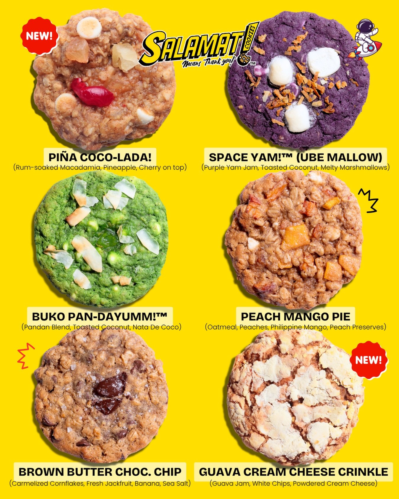 Did someone say Summer? 😏☀️

Our new menu goes perfect with sunshine and a pair of flip-flops 🩴:
🍹 Pi&ntilde;a Coco-Lada and 💖 Guava Cream Cheese Crinkle are BACK for a limited time!!
🟣 Space Yam! UBE Mallow
🟢 Buko Pan-DAYUMM!
🍪 Brown Butter O