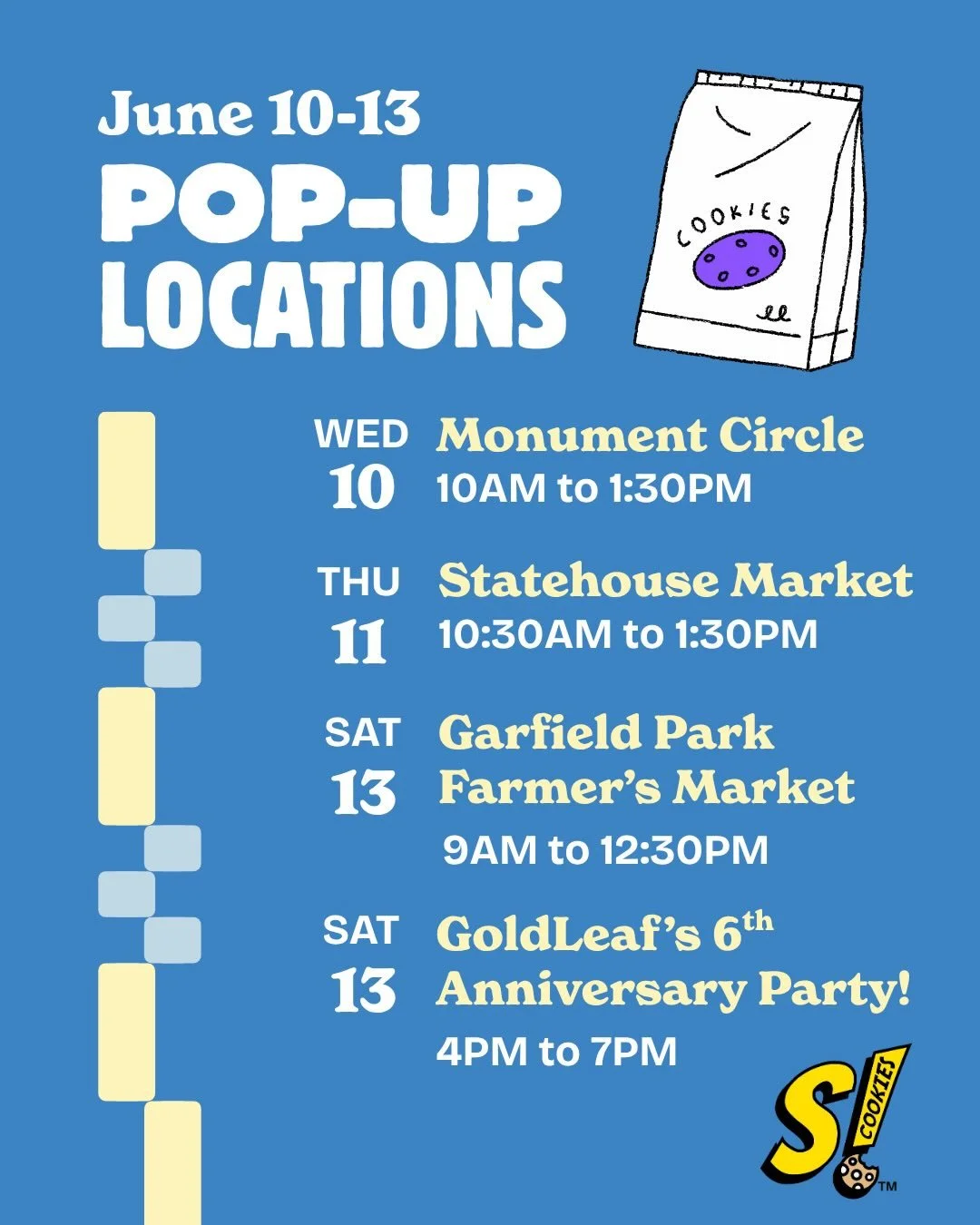 Is it us or is summer in full swing?! Here&rsquo;s where to find us in the city this week! 🍪🍵

6/10 at @originalfarmersmarketindy 
6/11 at @statehousemarket 
6/13 at @garfieldparkfarmersmarket in the morning and @goldleafindy to celebrate 6 years i
