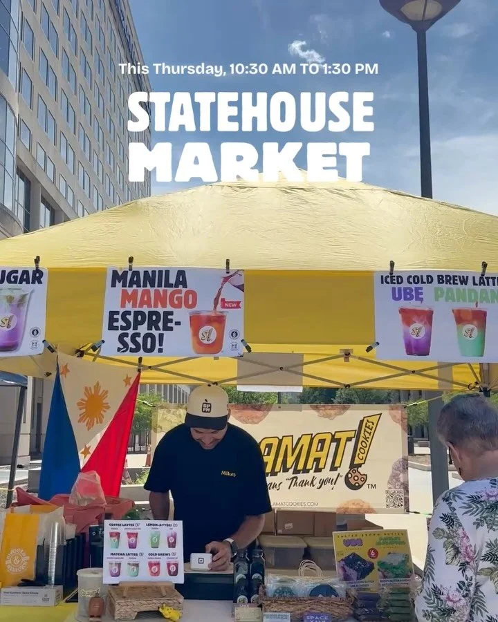 We&rsquo;re at the @statehousemarket til 1:30PM slinging iced lattes, matcha, and lemonade to beat the heat 🥵🧊and your fave Filipino-American cookies and blondies!