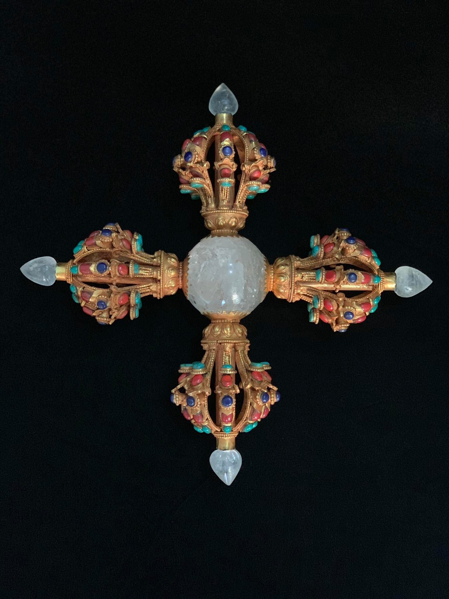Gilt Crystal Double Vajra with Semi-Precious Stonework