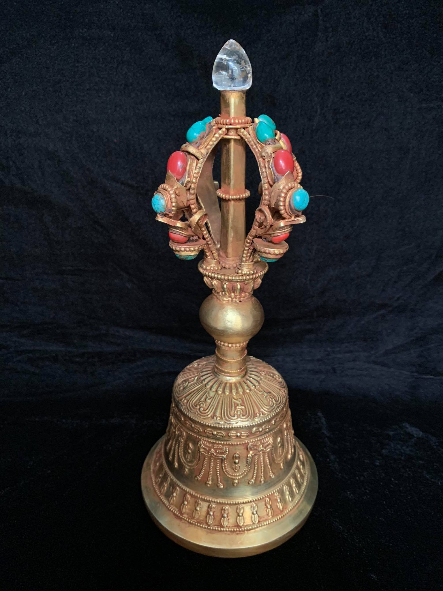 Tibetan Jeweled Buddhist Gilt Single Vajra-handled Bell
