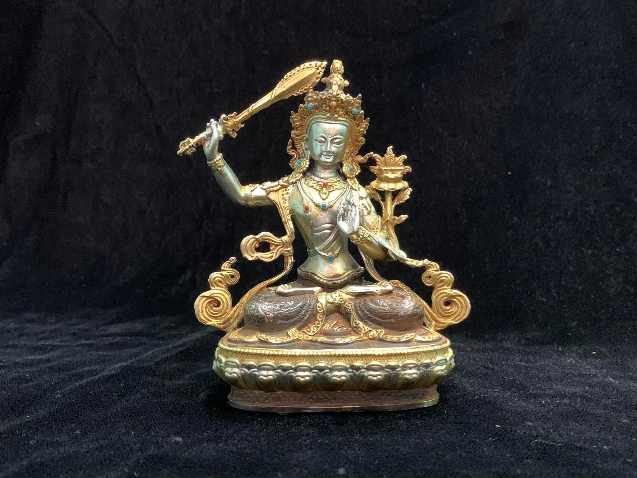 Nepali Manjushri (Boddhisattva of Wisdom) Gilt Statue with Stonework Inlay