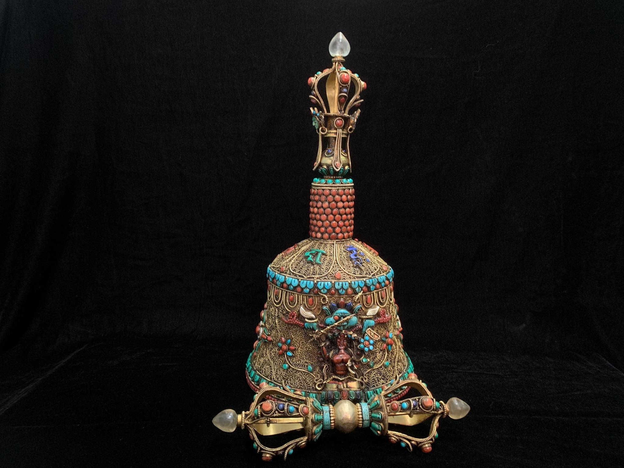 Masterpiece Nepal Buddhist Bell & Vajra crafted with Gem Inlay Lapis Coral Turquoise