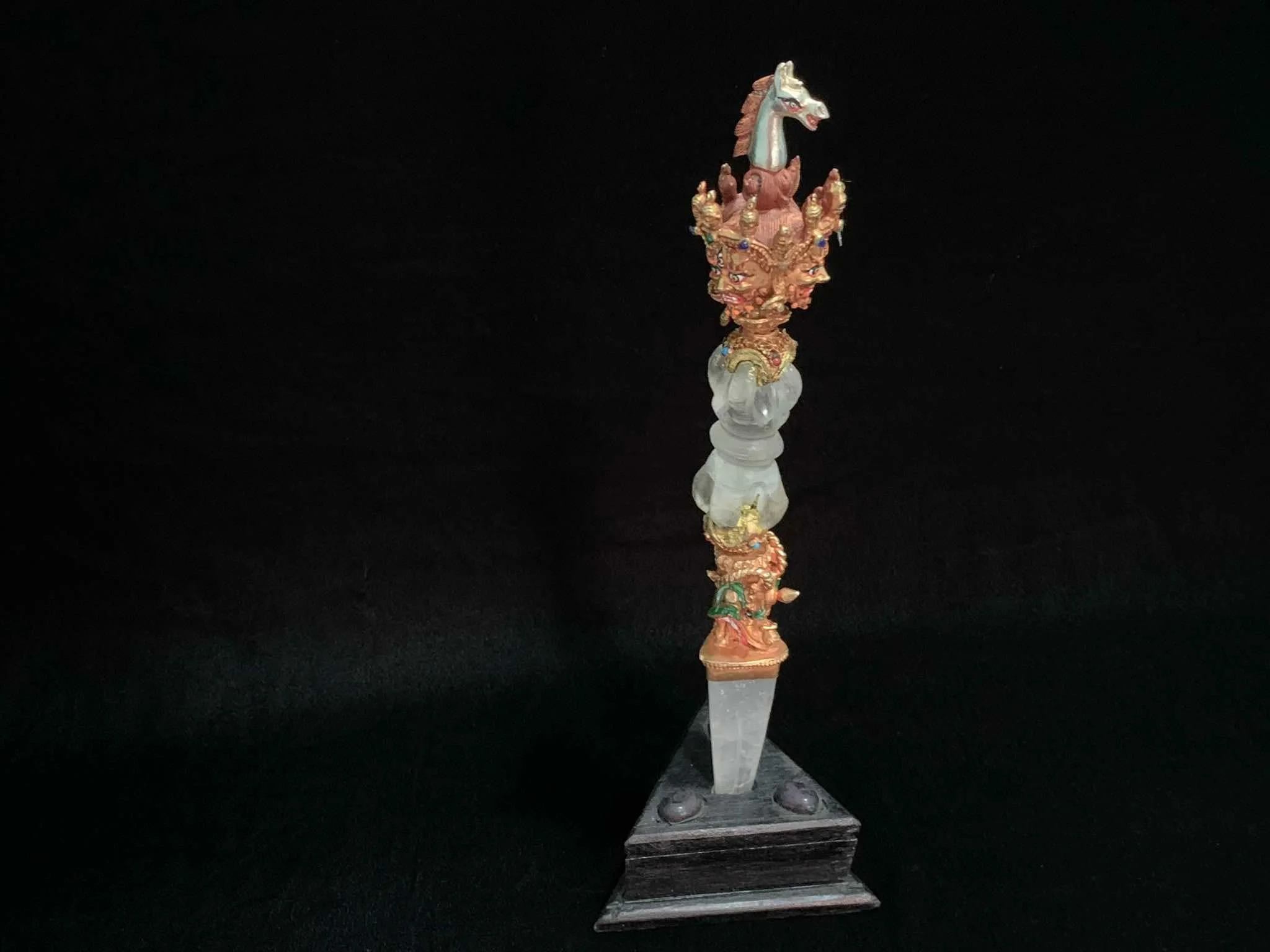 Nepal Tibet Buddhist Crystal Gilt Mahakala Horse Head Crowned Phurba Dagger