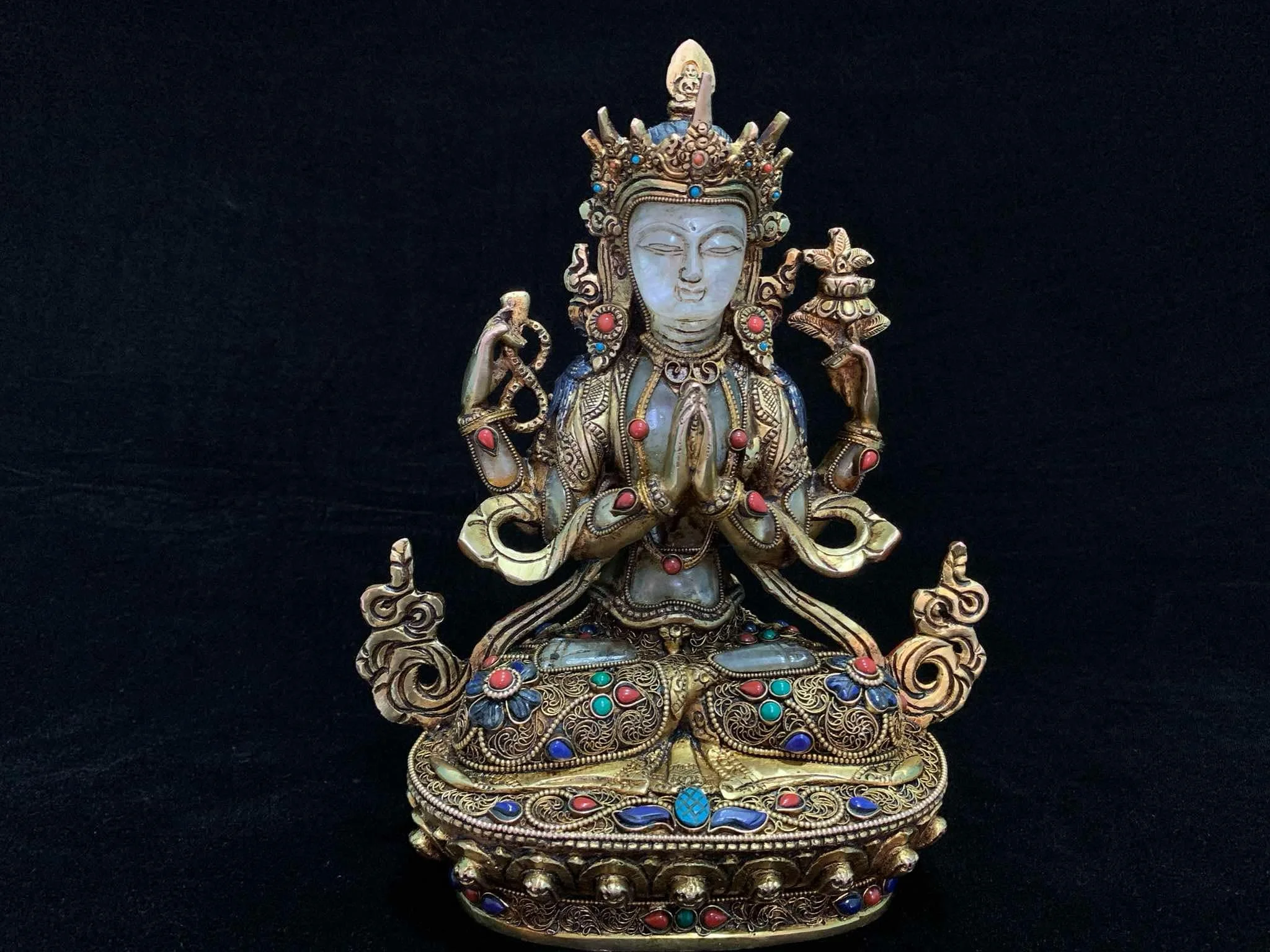 Nepali Crystal Chenrezig Gilt Statue with Stonework Inlay