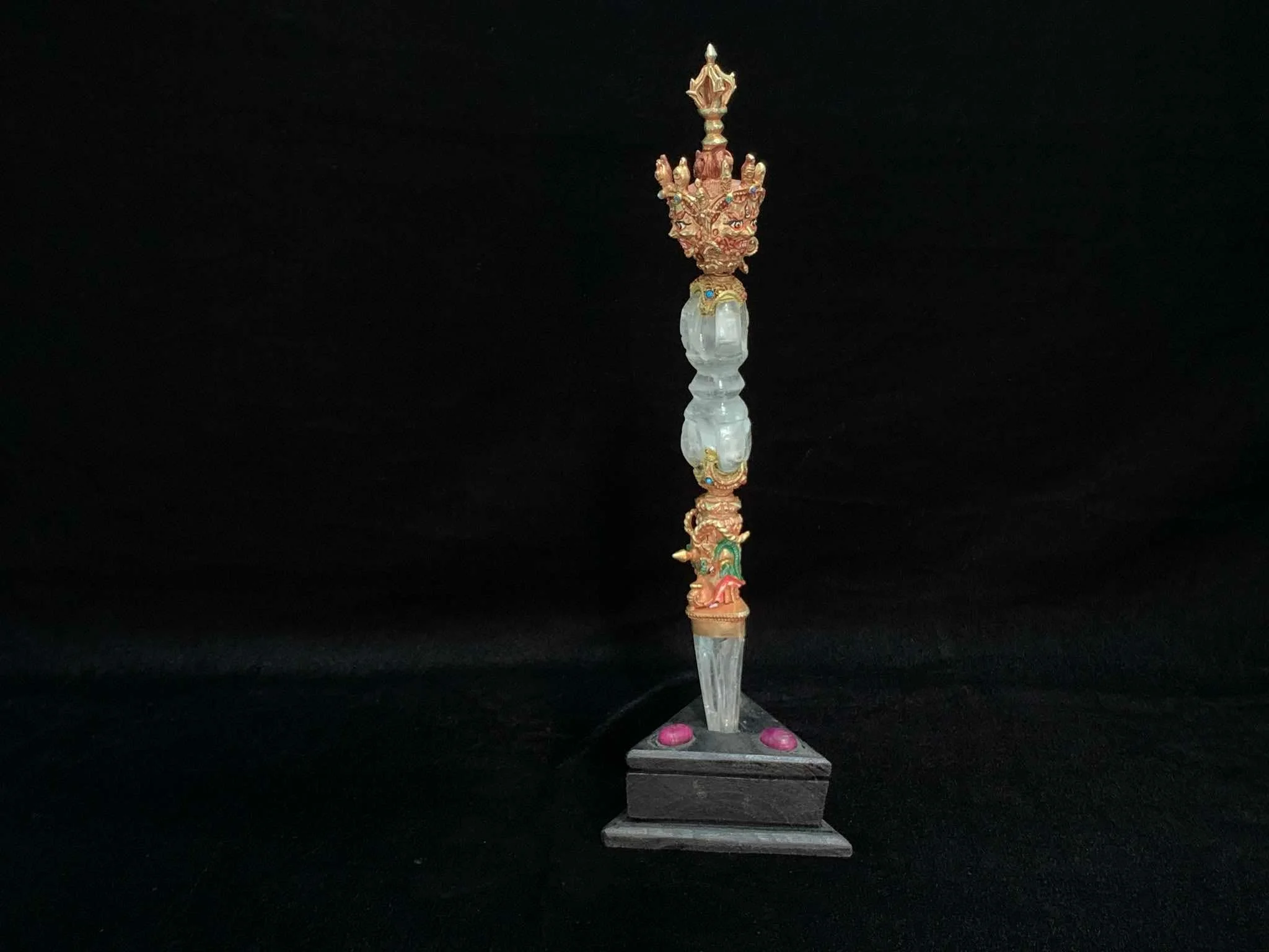 Nepal Tibet Buddhist Crystal Gilt Mahakala Vajra Crowned Phurba Dagger