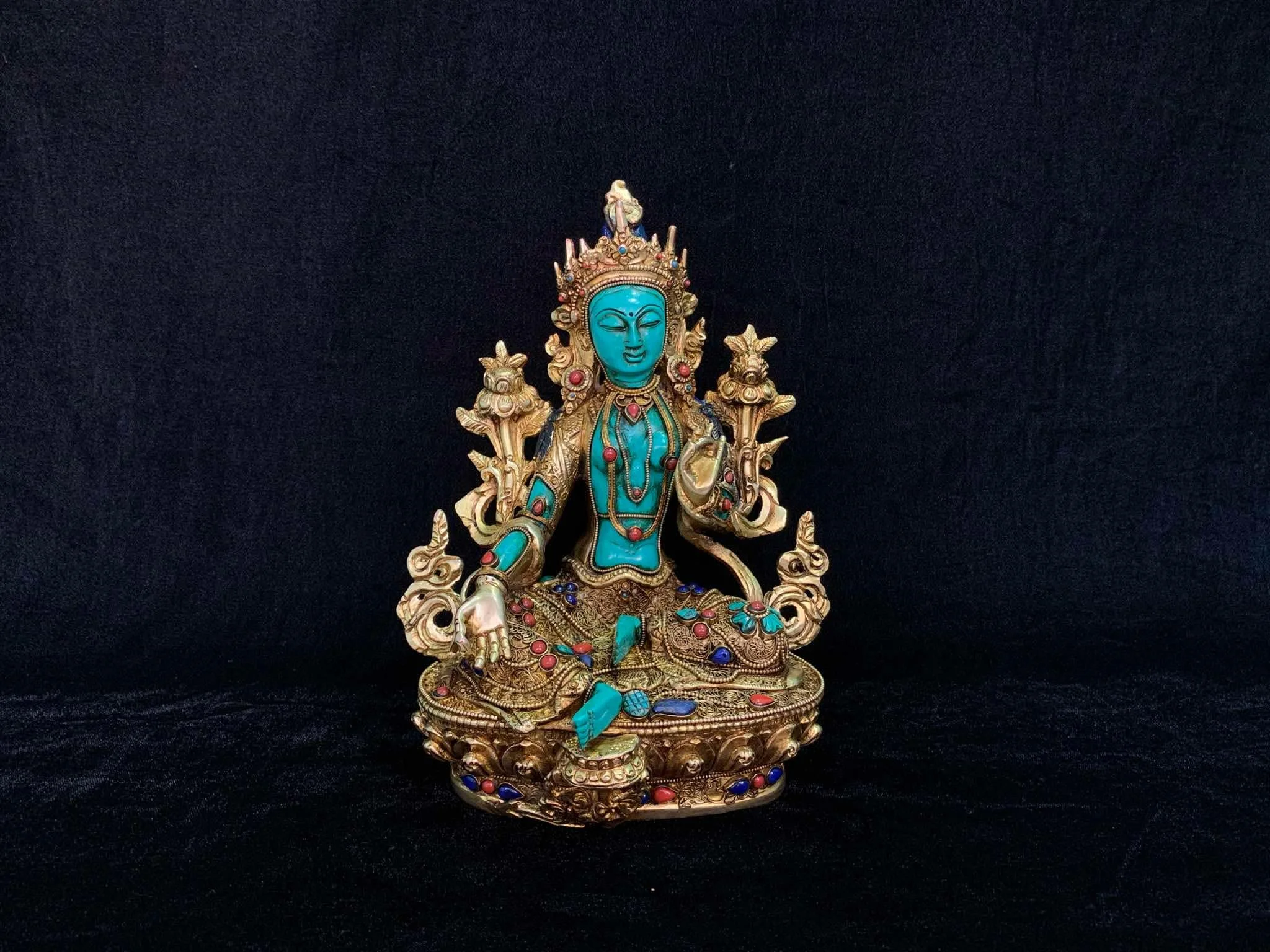 Rare Nepali Turquoise Green Tara Gilt Buddhist Statue