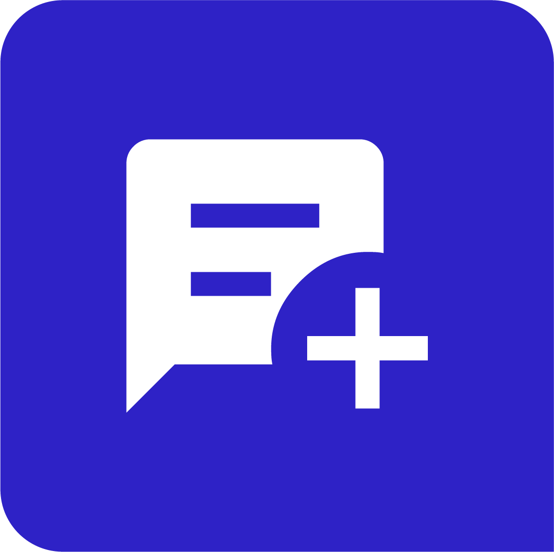 Blue app icon with a white speech bubble, a list, and a plus sign