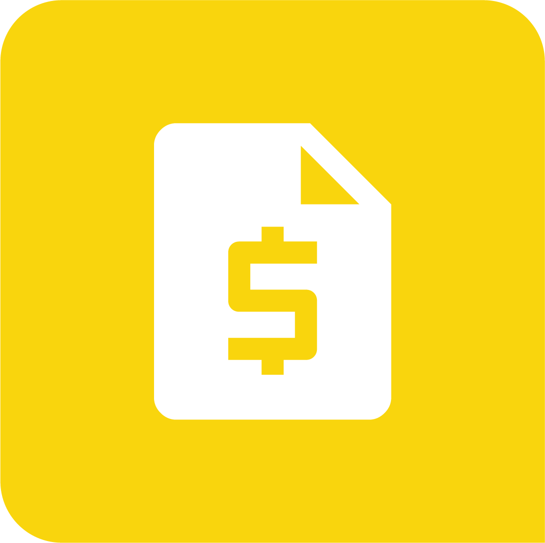 Yellow background with a white document icon featuring a dollar sign in the center.
