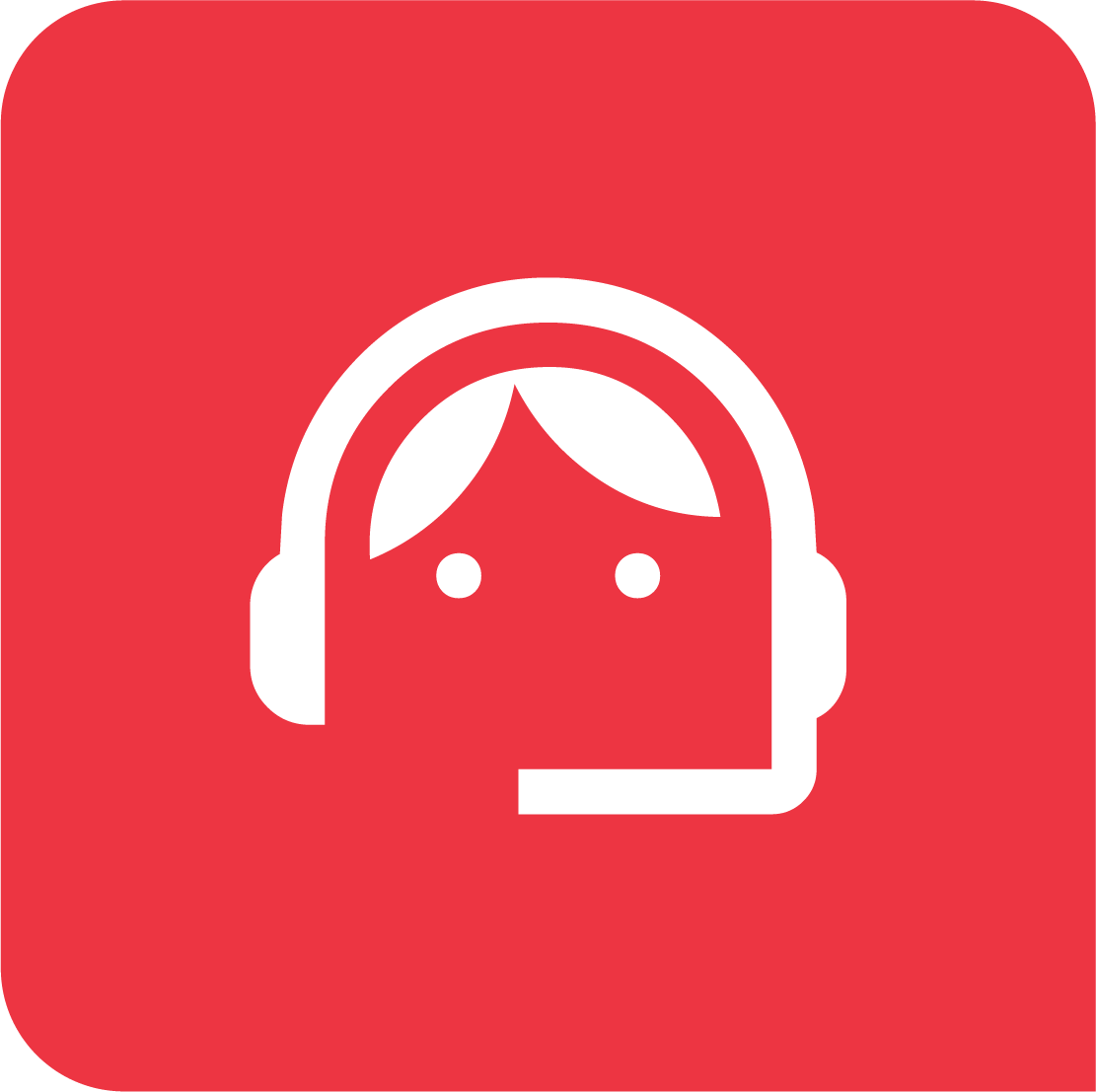 Icon of a person with hair and eyes wearing a headset with a microphone on a red background.