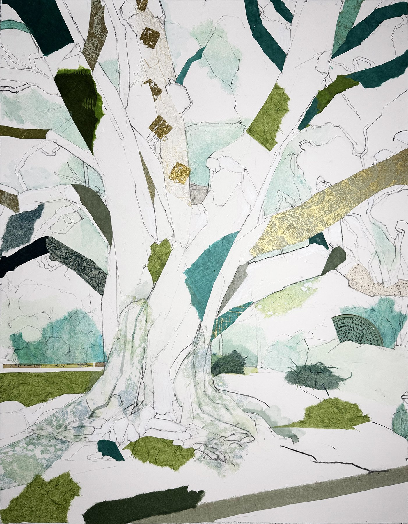 32° 49’ 15.2” N 96° 47’ 53.5” W
 Overhill Oak I (Grounded)
 38.25 inches x 29.75 inches
 Charcoal, pencil, acrylic, watercolor, Lokta, Chiri, Unryu mulberry, Mango, Banana Leaf, Tengujo, and Katazome papers, washi tape on paper

