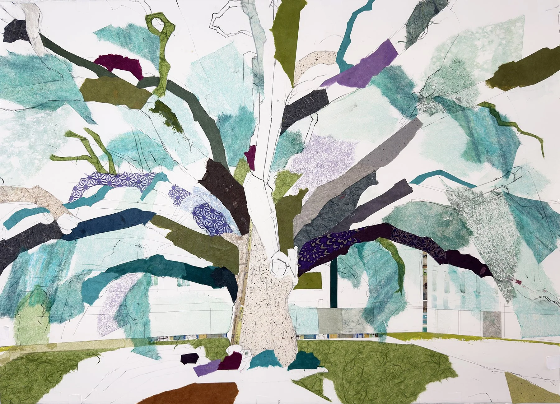 Candler Oak II (Spider Crab) 
  32° 04’ 09.7” N 81° 05’ 38.85” W
  Charcoal, pencil, acrylic, watercolor, Lokta, Chiri, Unryu mulberry, Mango, Banana Leaf, Tengujo, and Katazome papers, washi tape on paper
  41.25 inches x 29.75 inches on panel