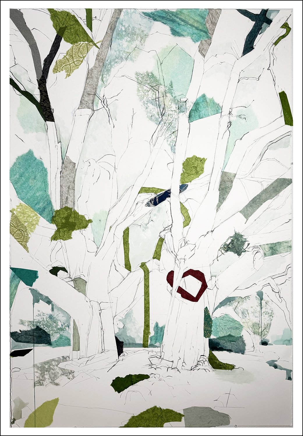 
32° 50’ 07.5” N  96° 47’ 46.9” W
  Eton Avenue Pair (Lovebirds)
  Charcoal, pencil, acrylic, watercolor, Lokta, Chiri, Unryu mulberry, Mango, Banana Leaf, Tengujo, and Katazome papers, washi tape on paper
  60 inches x 40 inches