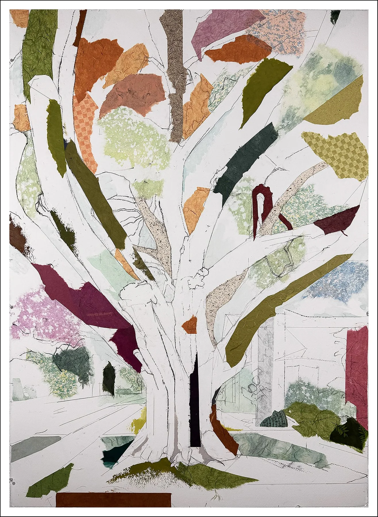 32° 50’ 04” N  96° 44’ 57.50” W
  Anita Street Oak I (Joy)
  41 inches x 29.75 inches
  Charcoal, pencil, acrylic, watercolor, Lokta, Chiri, Unryu mulberry, Mango, Banana Leaf, Tengujo, and Katazome papers, washi tape on paper
