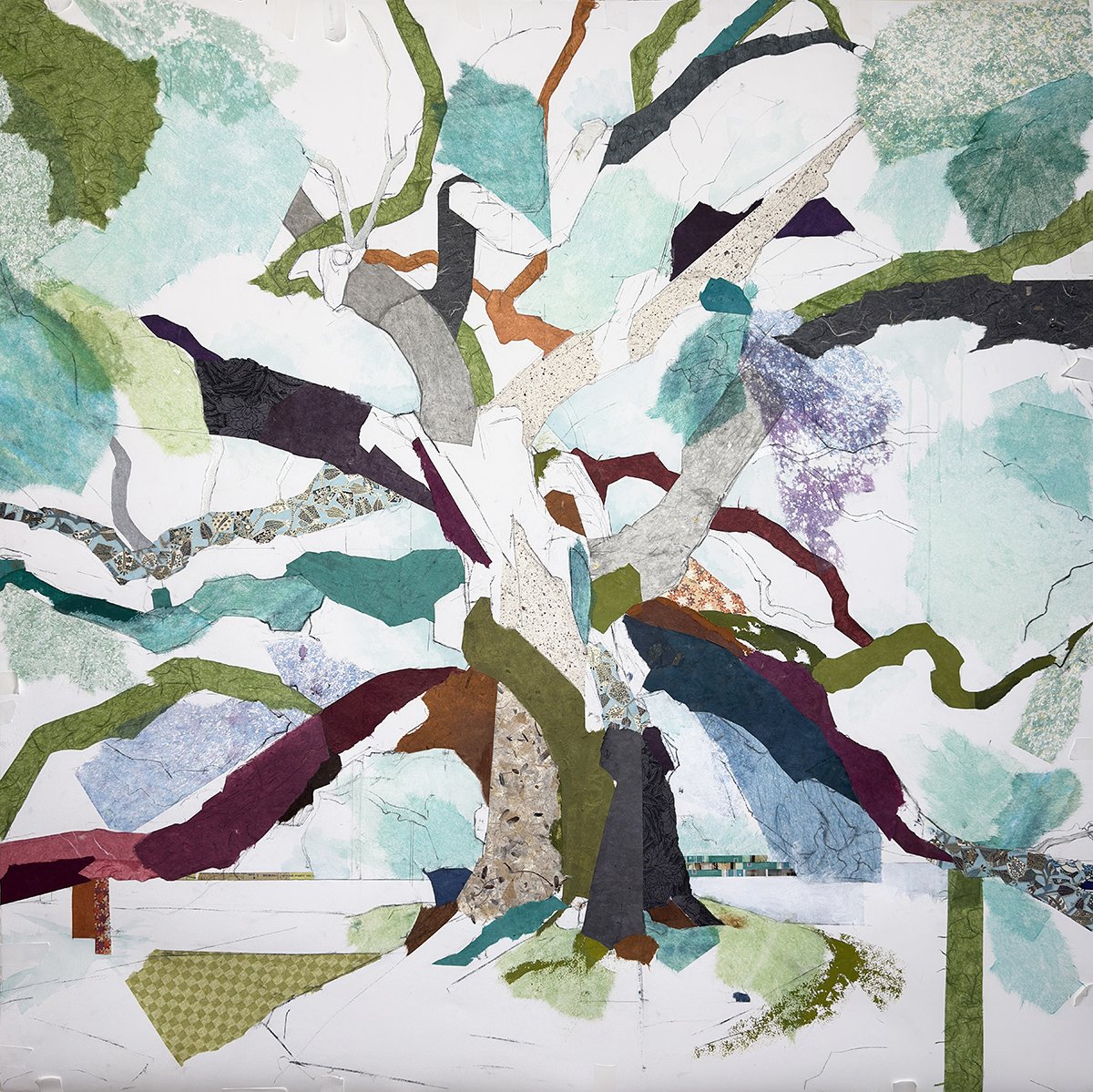 Angel Oak VII (boa)
  32° 43’ 01.5” N 80° 04’ 49.25” W
  Acrylic, Watercolor, Charcoal, mulberry, chiri, kozo, katazome paper and washi tape on paper
  48 inches x 48 inches on panel