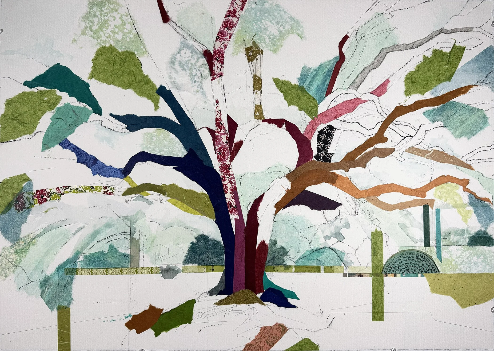 32° 45 13.3” N 96° 51’ 06” W
  Twelve Hills Heart Oak
  29.5 inches x 41.75 inches
  Charcoal, pencil, acrylic, watercolor, Lokta, Chiri, Unryu mulberry, Mango