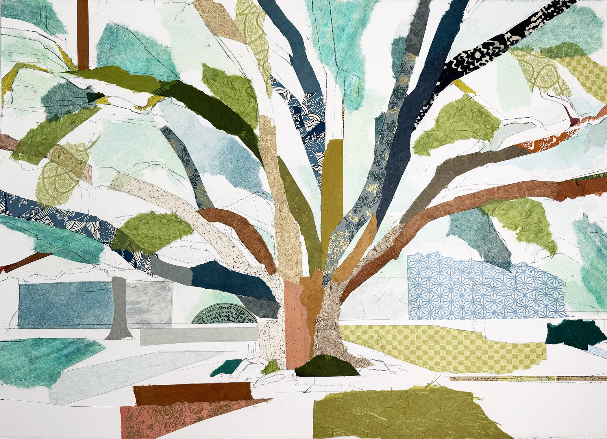 32° 50 41” N 96° 47’ 53” W
Williams Park Oak I
  29.75 inches x 41.25 inches
  Charcoal, pencil, acrylic, watercolor, Lokta, Chiri, Unryu mulberry, Mango, Banana Leaf, Tengujo, and Katazome papers, washi tape on paper
