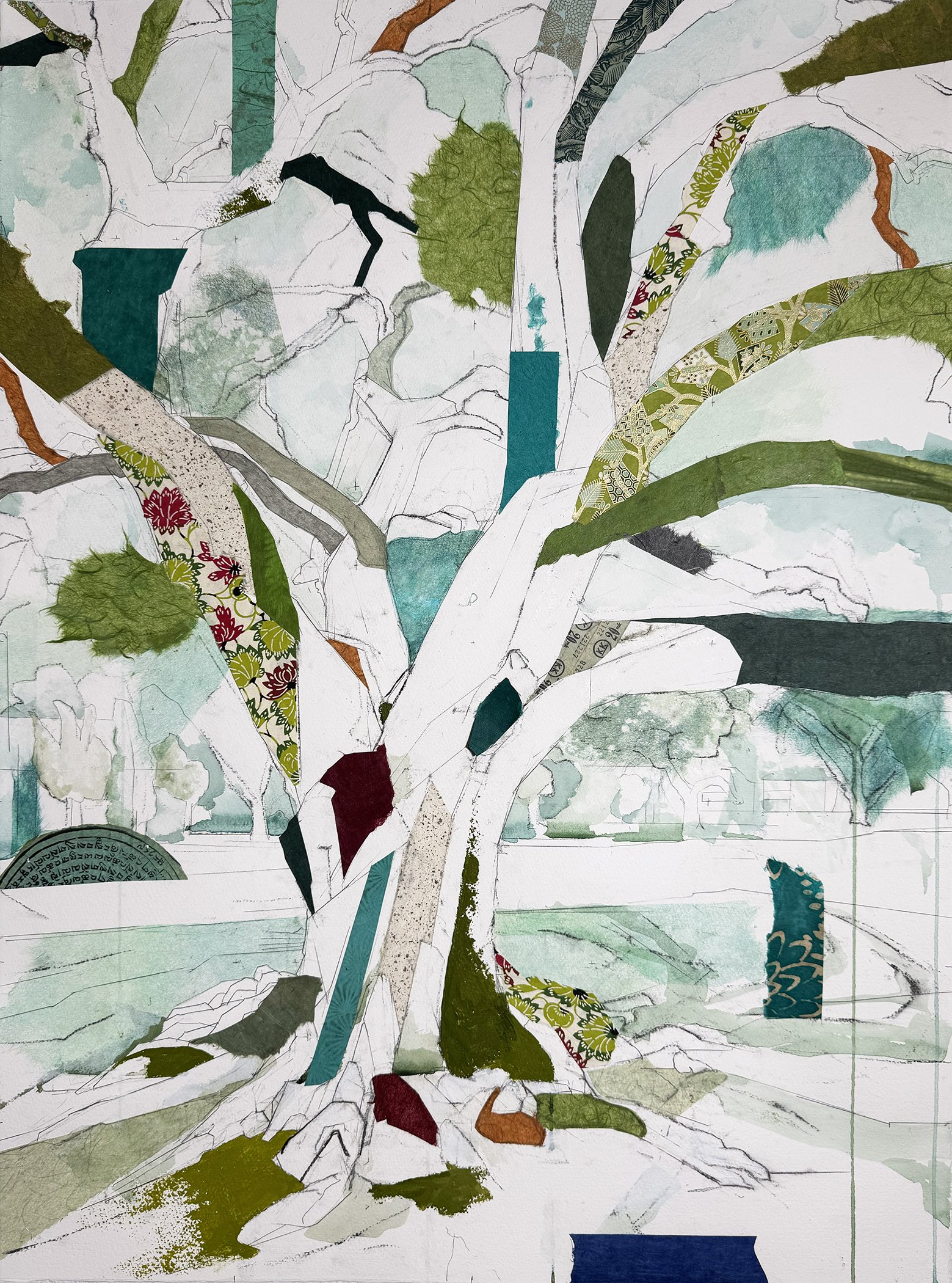 32° 50’ 18” N 96° 49’ 04” W Greenway Parks Oak (Duneyrr)
  30 inches x 22 inches
  Charcoal, pencil, acrylic, watercolor, Lokta, Chiri, Unryu mulberry, Mango, Banana Leaf, Tengujo, and Katazome papers, washi tape on paper

