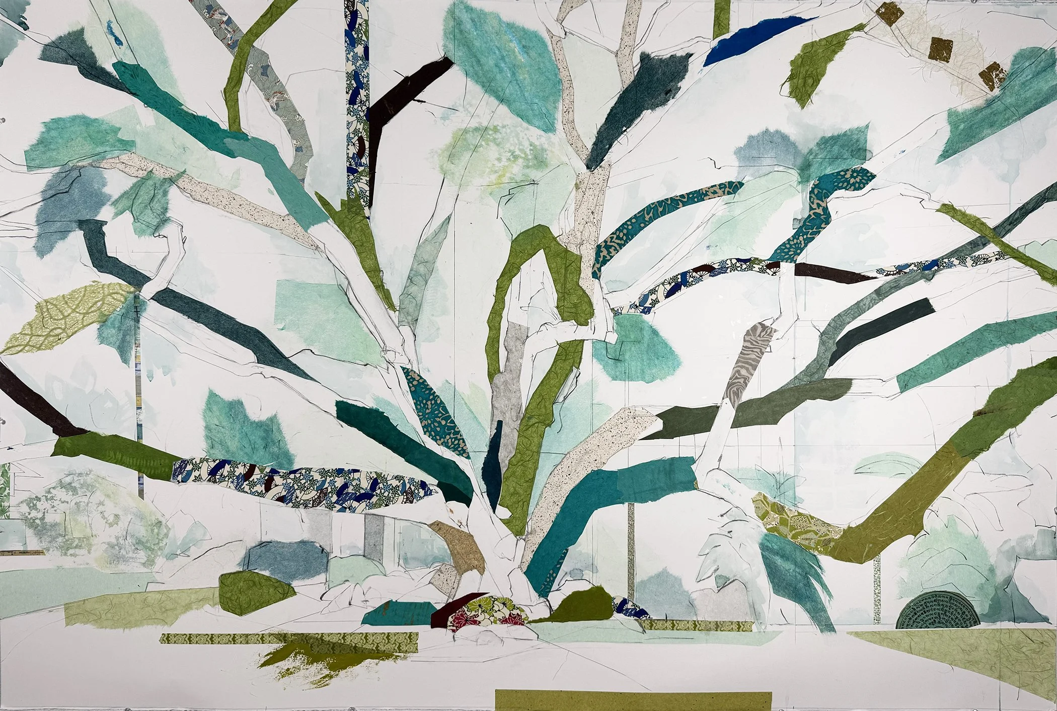 32° 52' 15" N 96° 47' 30" W 
  Thackery Street Live Oak I
  40.25 inches x 60 inches
  Charcoal, pencil, acrylic, watercolor, Lokta, Chiri, Unryu mulberry, Mango, Banana Leaf, Tengujo, and Katazome papers, washi tape on paper

