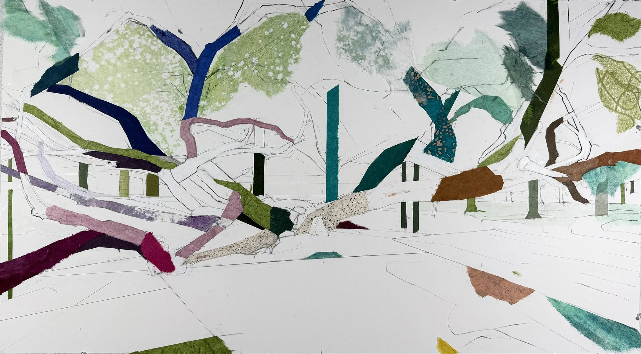 
32° 49’ 29” N 96° 45’ 40.50” W 
  Octopus Tree (Tietze Park Oak)
  23 inches x 41.25 inches
  Charcoal, pencil, acrylic, watercolor, Lokta, Chiri, Unryu mulberry, Mango, Banana Leaf, Tengujo, and Katazome papers, washi tape on paper
