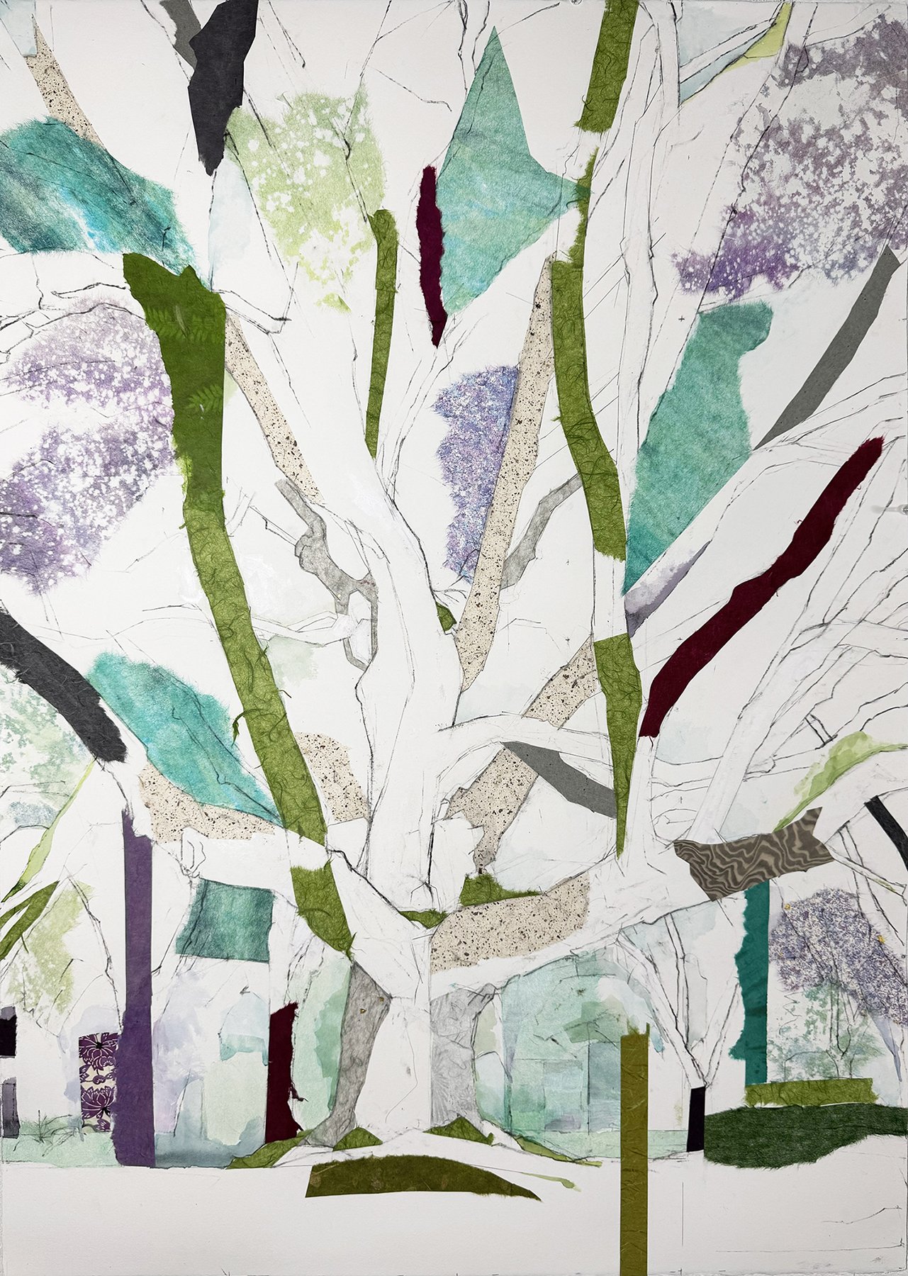 32° 49’ 26.1” N 96° 48’ 44.1” W
  Westway Avenue Oak (Enfold)
  29.75 inches 41.75 inches
  Charcoal, pencil, acrylic, watercolor, Lokta, Chiri, Unryu mulberry, Mango, Banana Leaf, Tengujo, and Katazome papers, washi tape on paper
