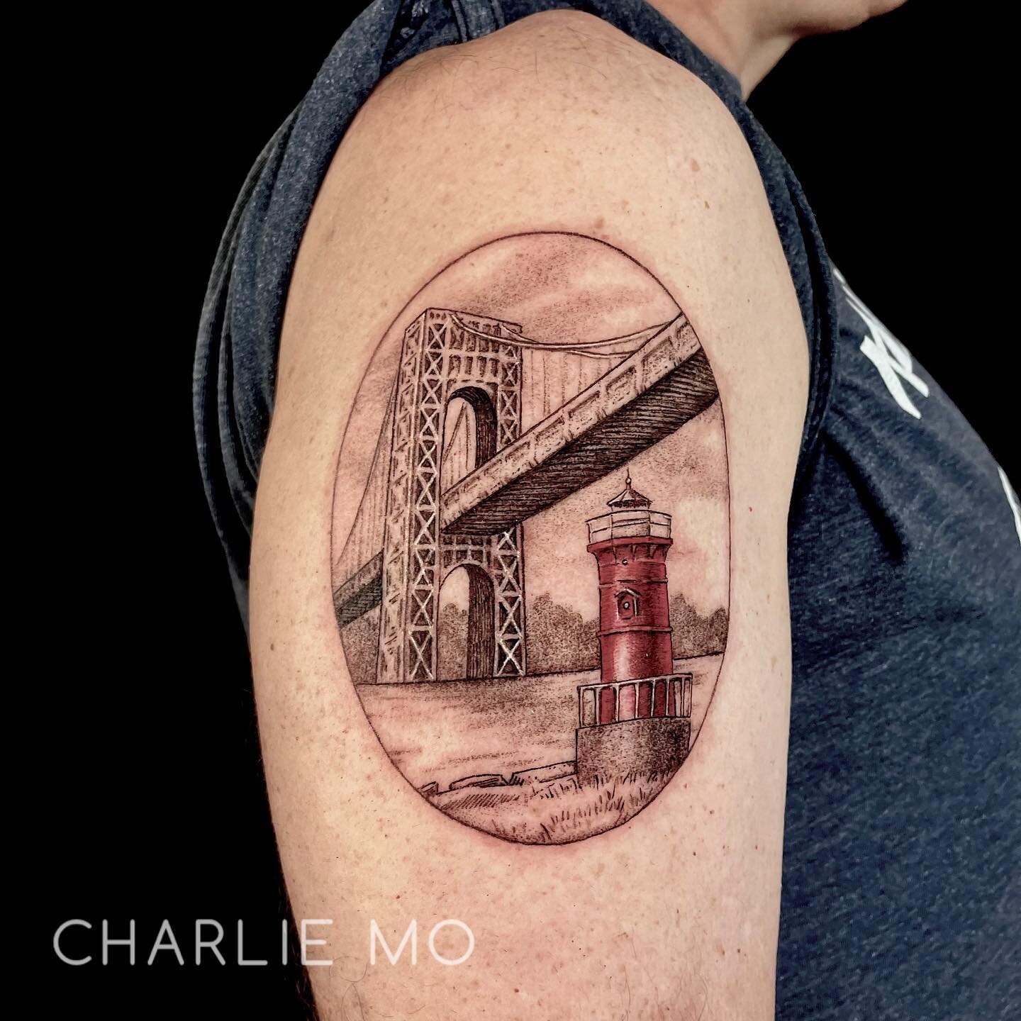 George Washington bridge and the red light house in New York for Rich! Thank you so much for your trust~ 

#finelinetattoo #blackandgreytattoo #landscapetattoo #newyorkcity #georgewashingtonbridge #bayareatattoo #bayareatattooartist