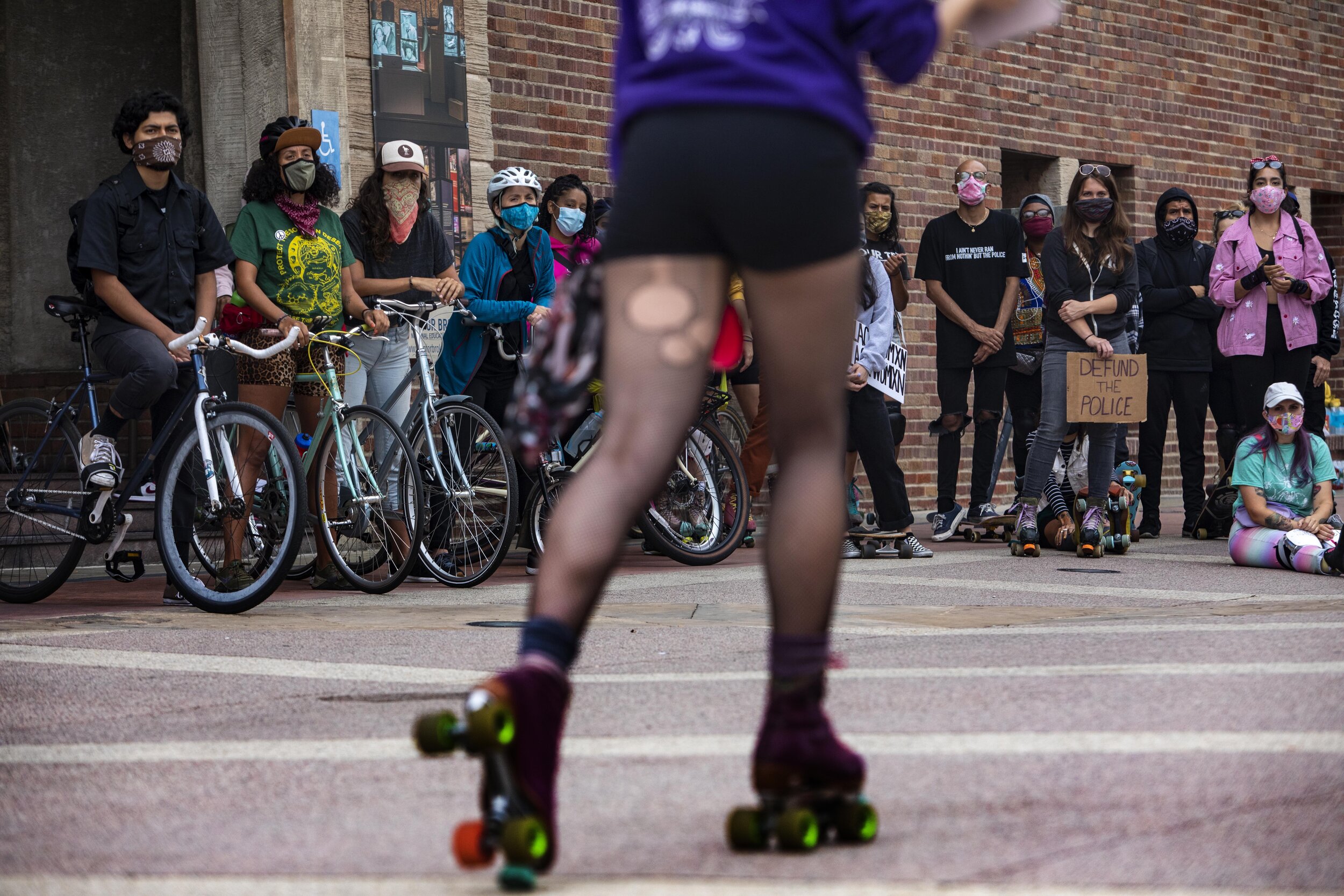  Ariana Chavez (AKA Cha Cha) talks to the crowd at the Rise &amp; Skate all wheels welcome protest in celebration of Juneteenth and in solidarity with Black Lives Matter. The start and end the rollouts with a group circle of participants including, c