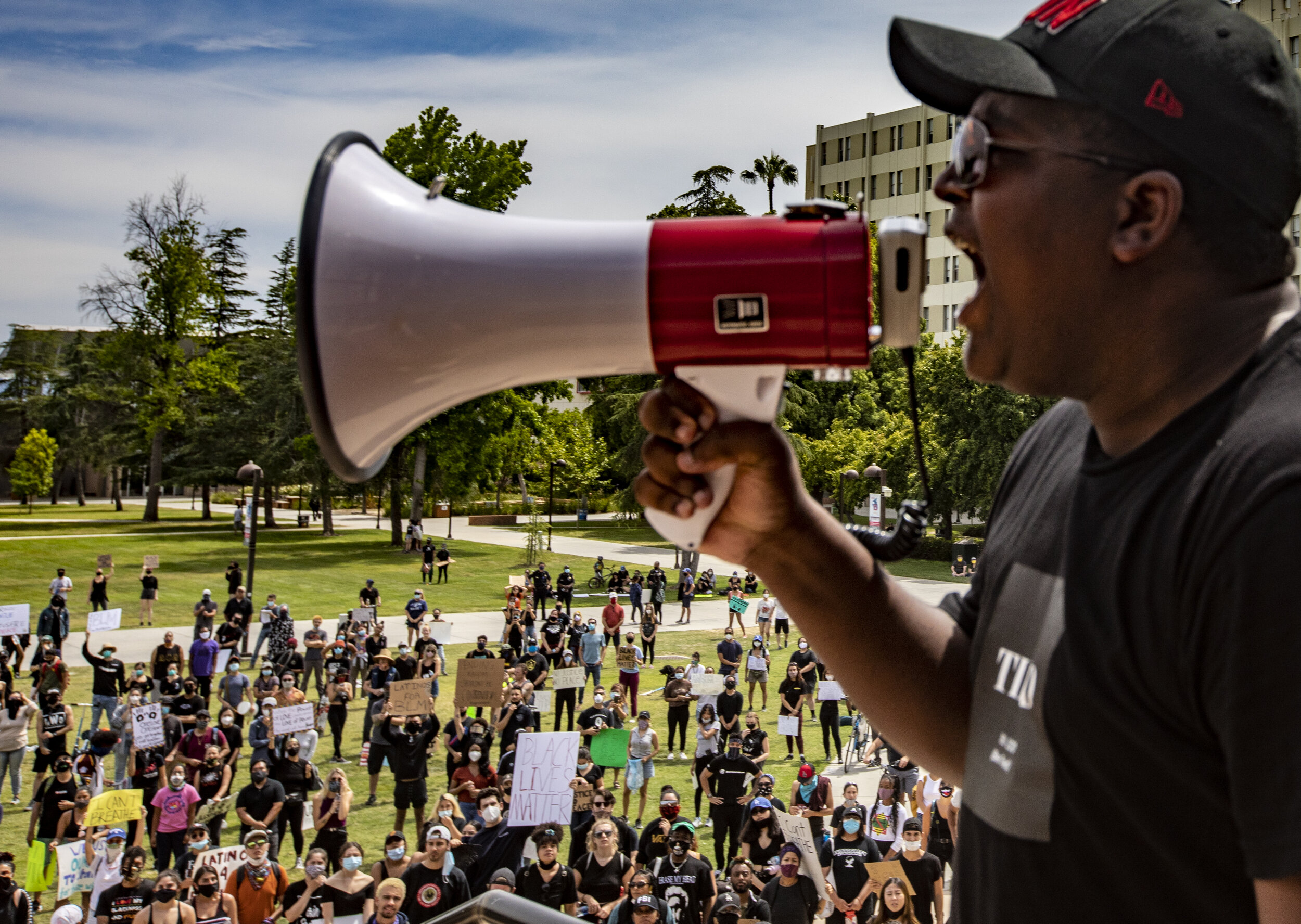  CSUN student Saeed Yusuf speaks though a bullhorn during a protest at Cal State University Northridge  organized by Northridge Black Lives Matter. 