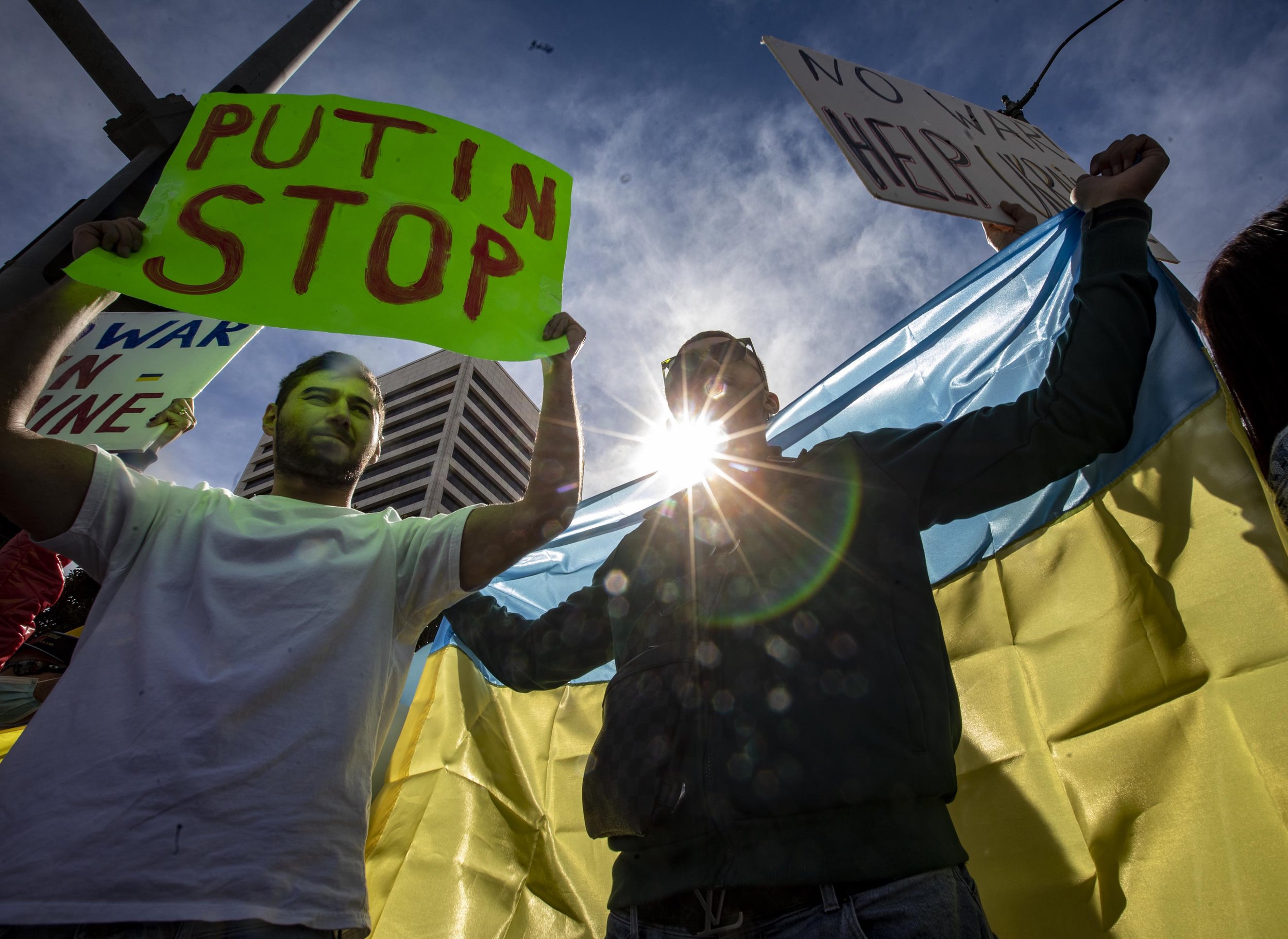  (L to R) Samvel Torosyan and David Megrabian were among the hundreds of people supporting the Ukraine who gathered at the intersection of Santa Monica and Sepulveda Boulevards in  Westwood to protest against Russia's invasion of Ukraine. 