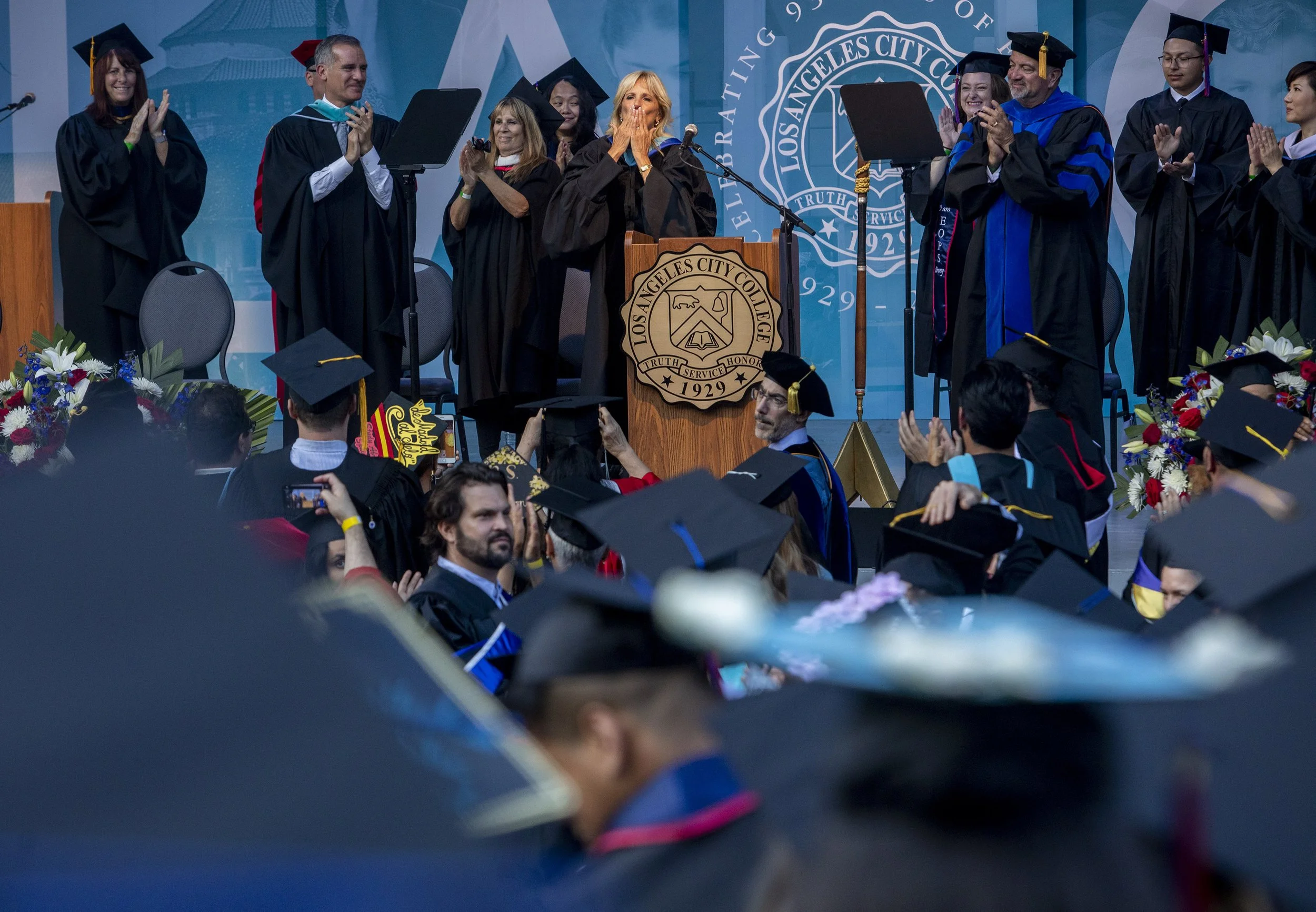  First Lady Jill Biden blows a kiss to the audience. She was the keynote speaker at the LA City College graduation at the Greek Theater in Los Angeles. Biden is a community college professor in Virginia. This is the first in person graduation for the