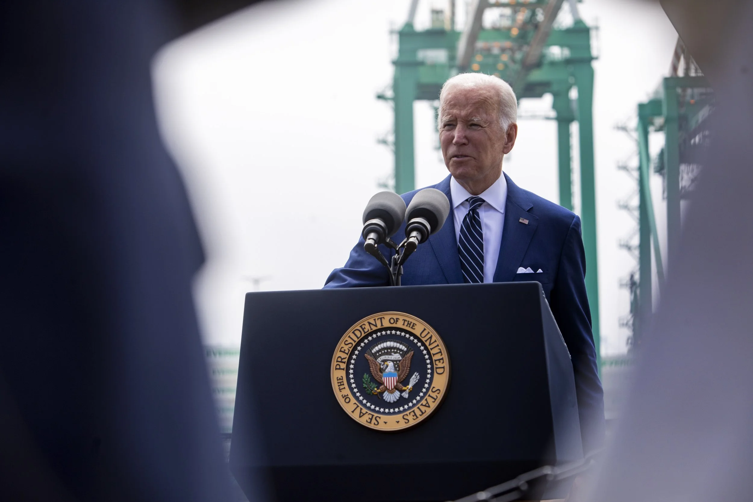  President Joe Biden spoke about inflation, shipping companies and supply chain issues from the deck of the USS Iowa at the Port of Los Angeles in the San Pedro area of Los Angeles. 