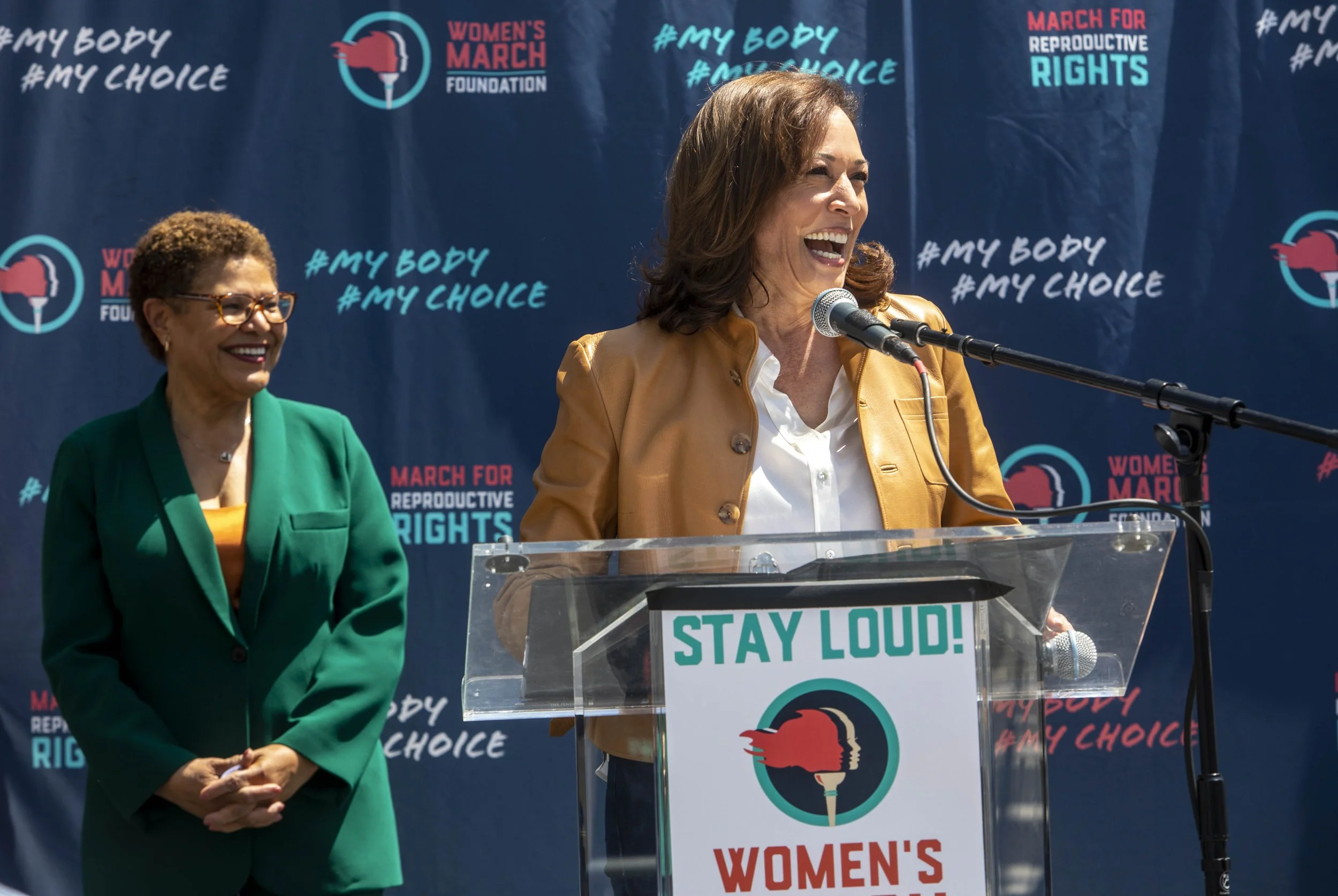  Vice President Kamala Harris gives remarks outside LA City Hall during a Women's March for Reproductive Rights in Los Angeles, California, US, on Saturday, April 15, 2023 as LA mayor Karen Bass looks on. Demonstrators took to the streets to protest 