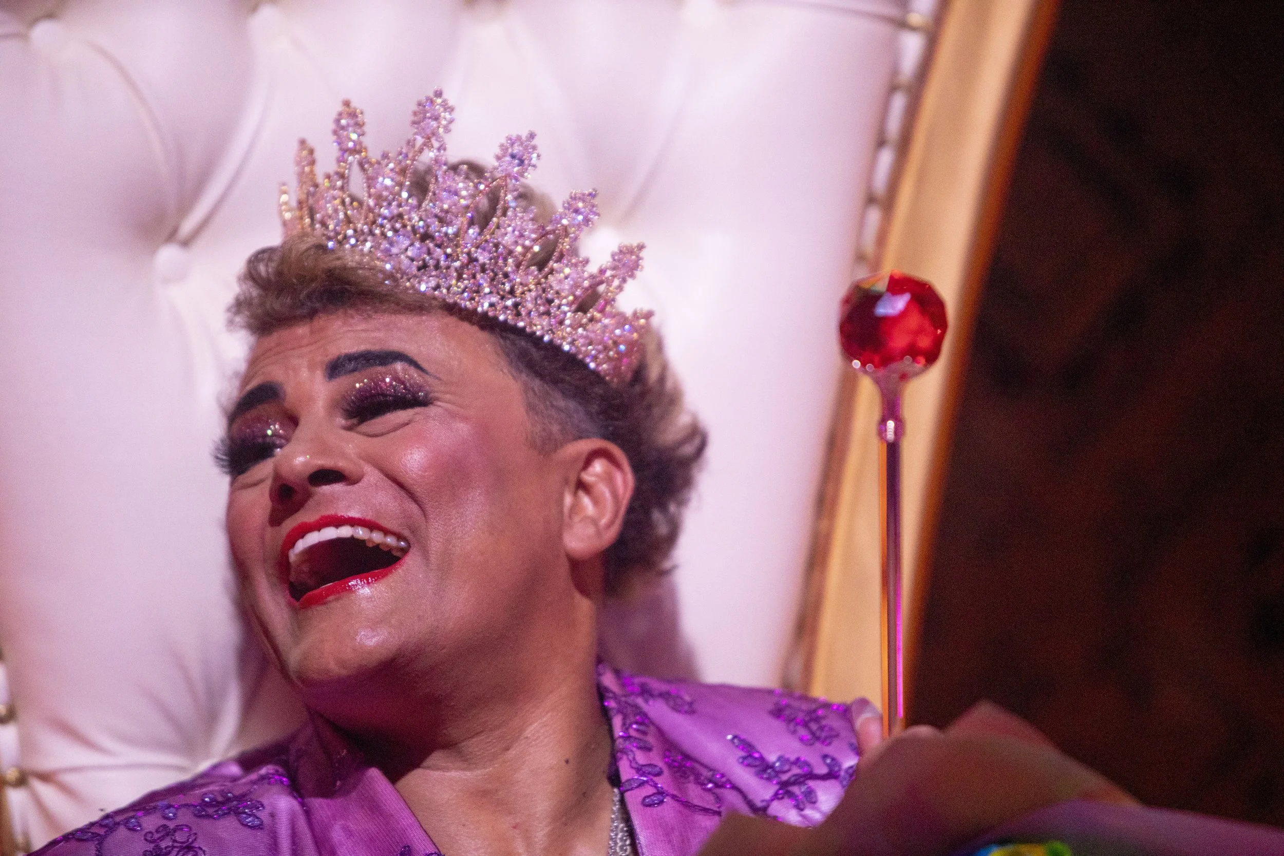  Cassanaro laughs as he wears his crown sitting on his throne during the "Lucha VaVoom presents: Cassandro Queen of the Ring" show, a lucha libre wrestling tribute show to honor exotico luchador Cassandro at the Mayan theater in Downtown Los Angeles.