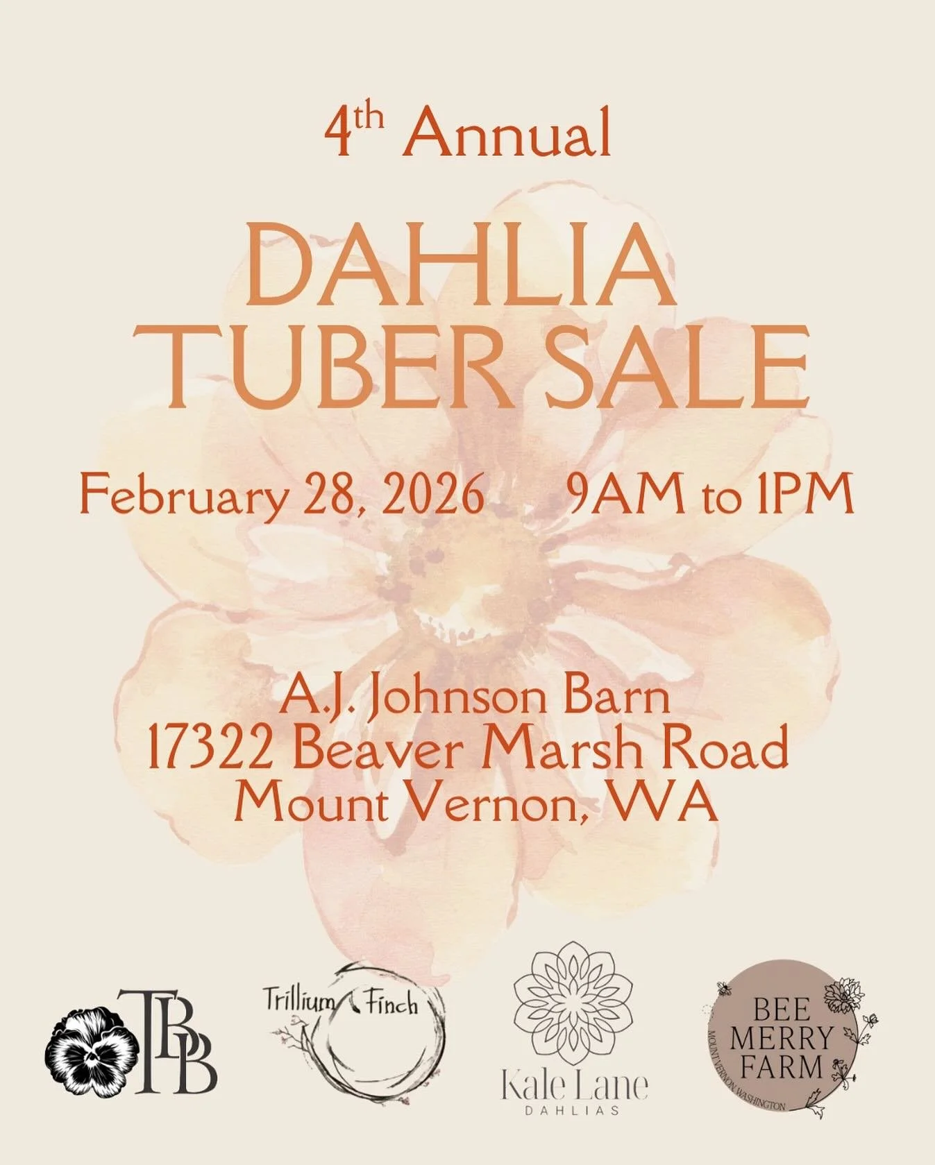 Mark your calendars for our 4th annual in-person dahlia tuber sale at the historic A.J. Johnson barn in Skagit Valley! 

When: Saturday, February 28th from 9 AM to 1 PM
Where: 17322 Beaver Marsh Road, Mount Vernon, WA

We will have thousands of tuber
