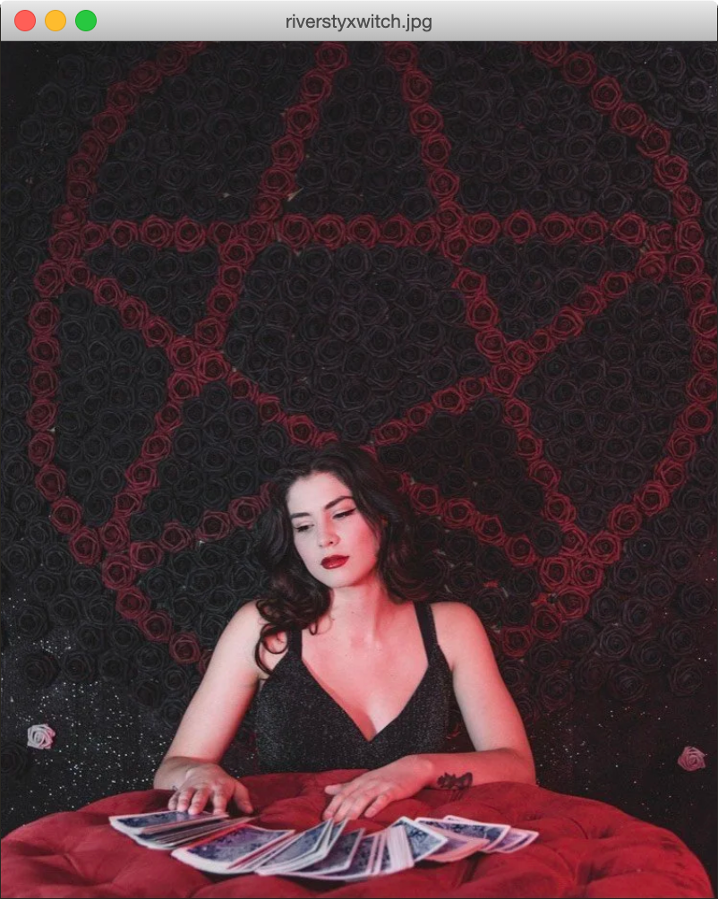 Angelica S. Cresci laying out tarot cards on red velvet in front of a pentagram made of roses