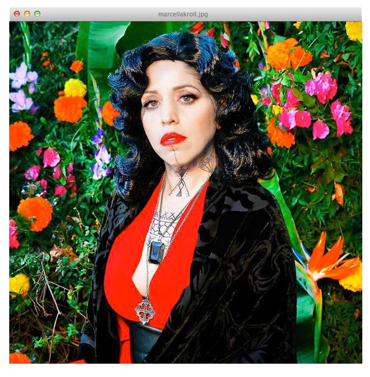 Marcella Kroll in a black velvet robe and red top, surrounded by bright flowers
