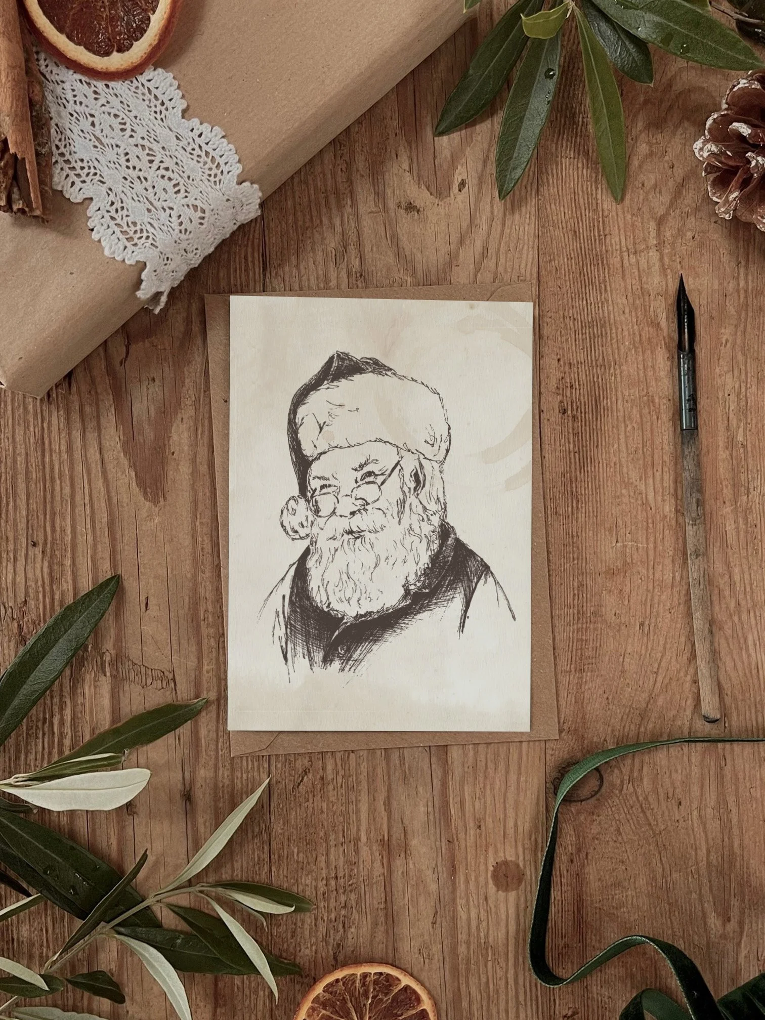 Recycled Straw Pen & Ink Father Christmas Card