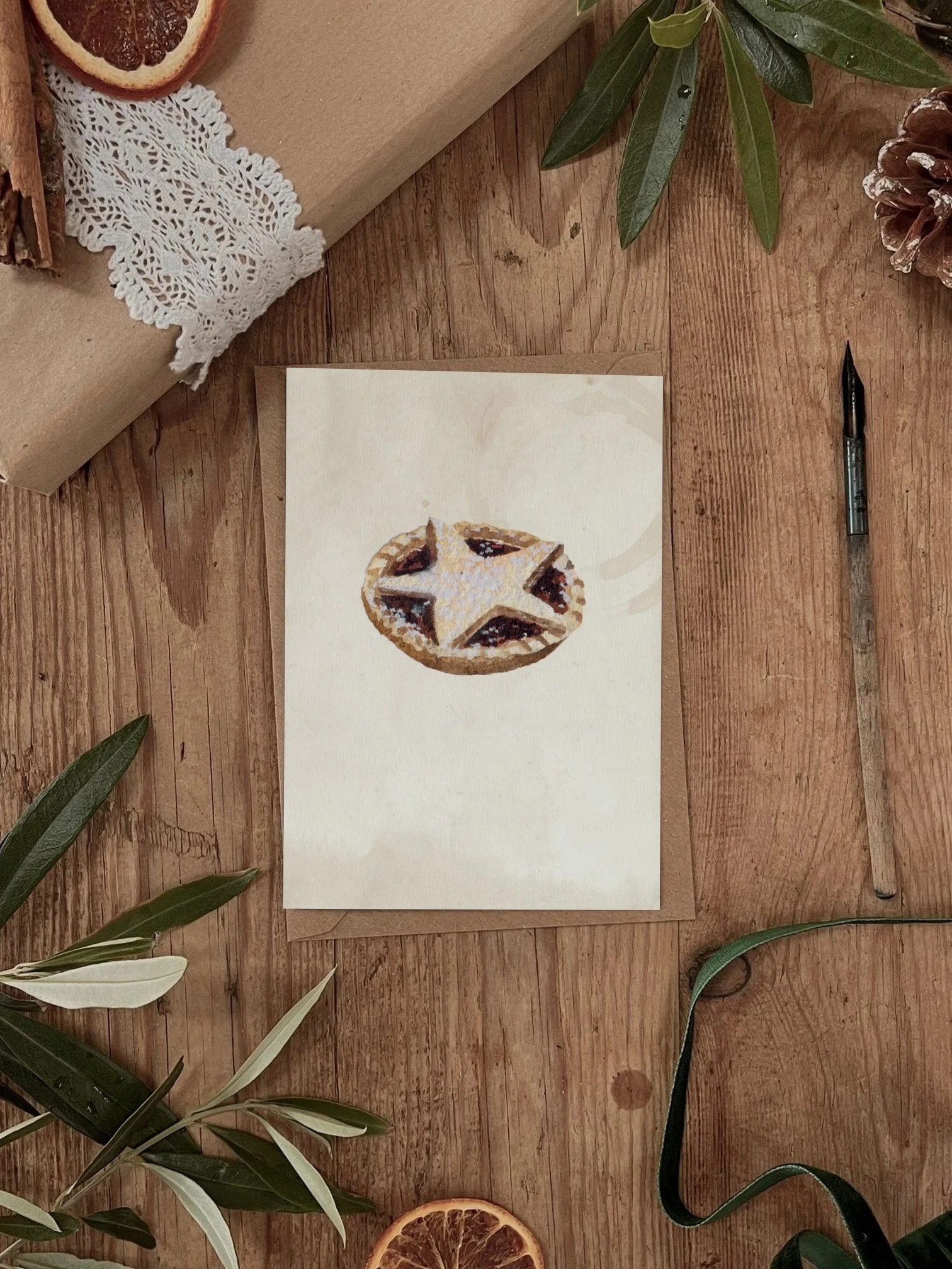 Recycled Straw Mince Pie Christmas Card