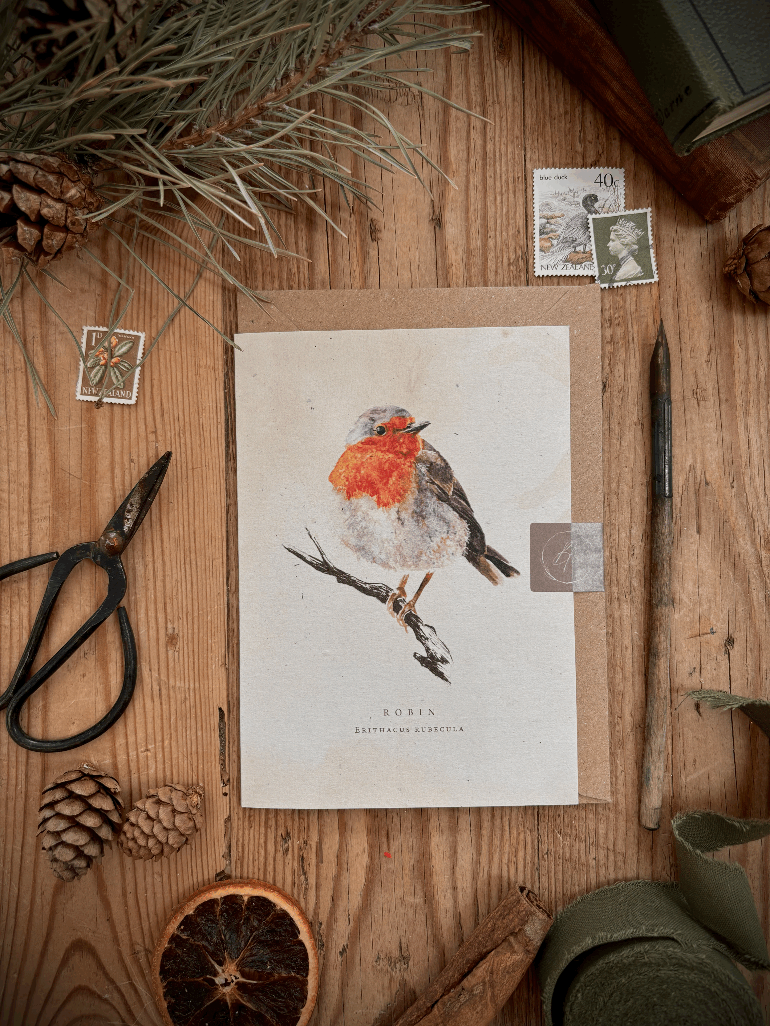 Recycled Straw Watercolour Robin Card