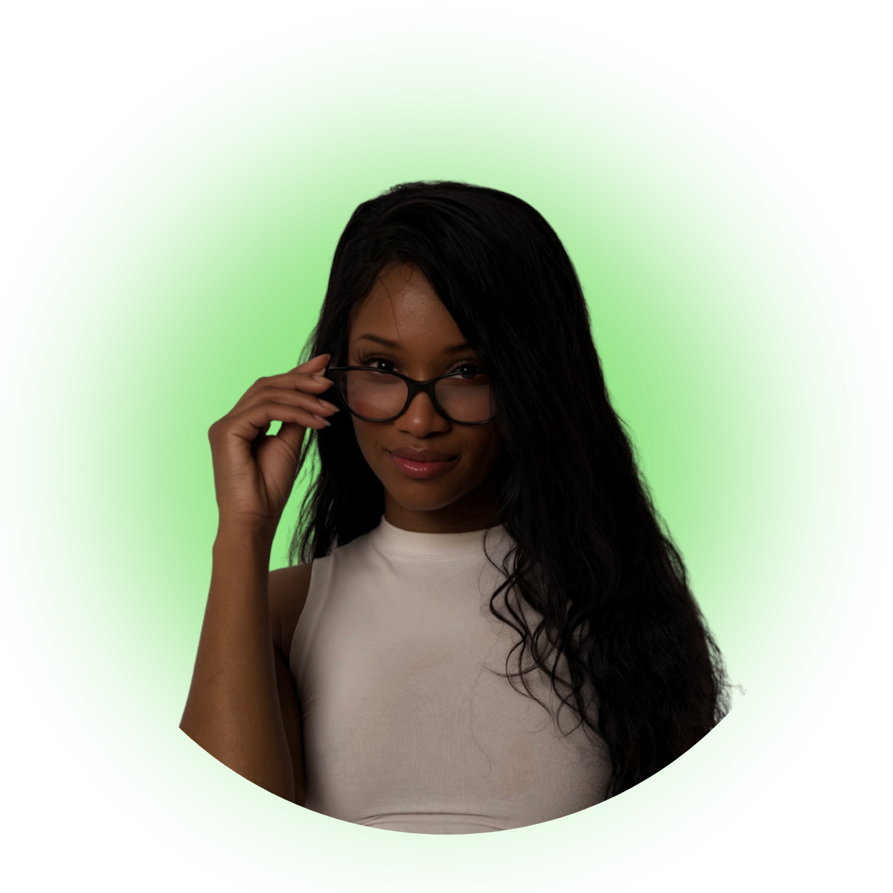 O'Shea René with long, wavy black hair, wearing glasses and a sleeveless white top, looking at the camera and adjusting her glasses against a green and white background.