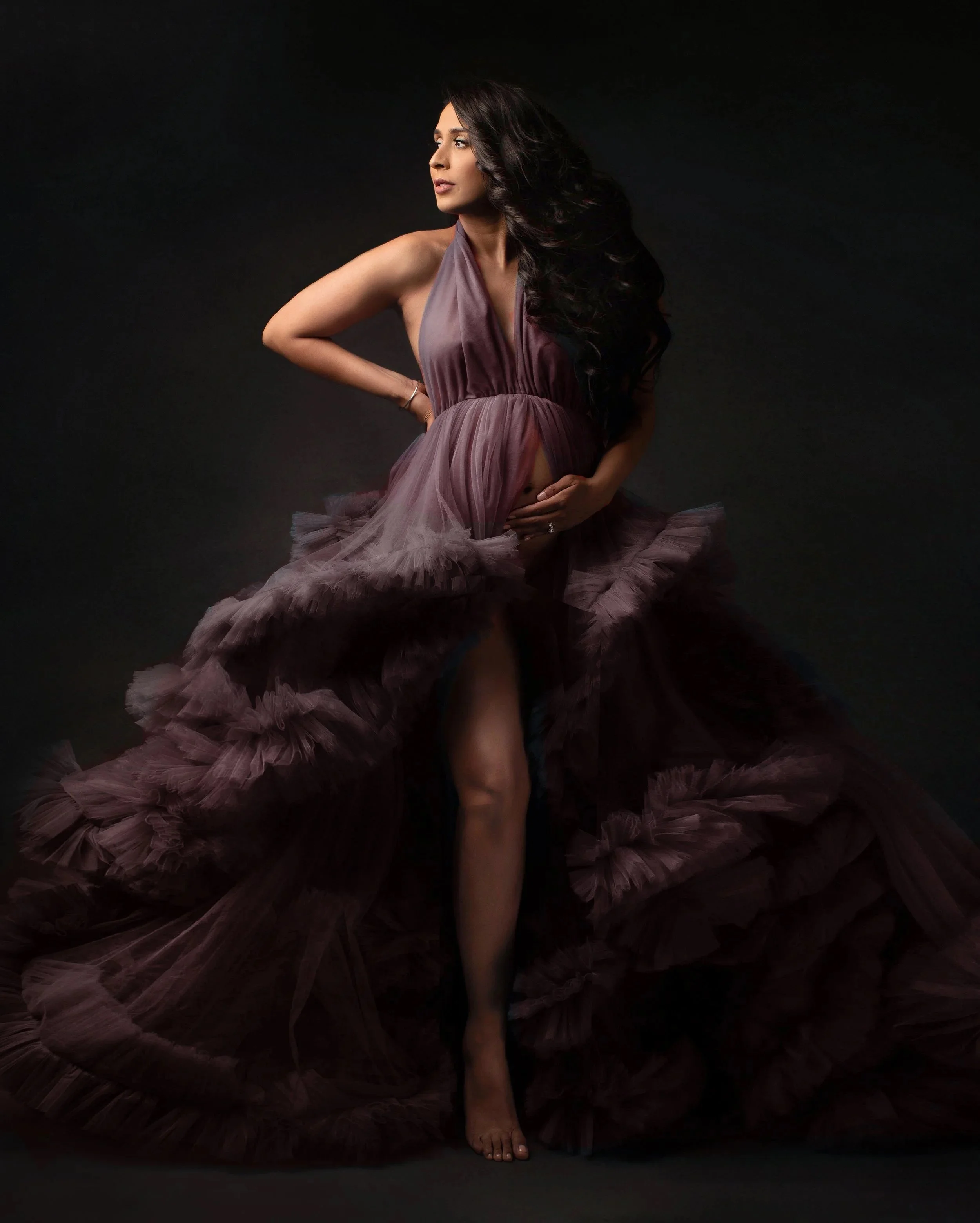 Bay Area maternity photography studio session featuring expecting mother in elegant pose and serene lighting.