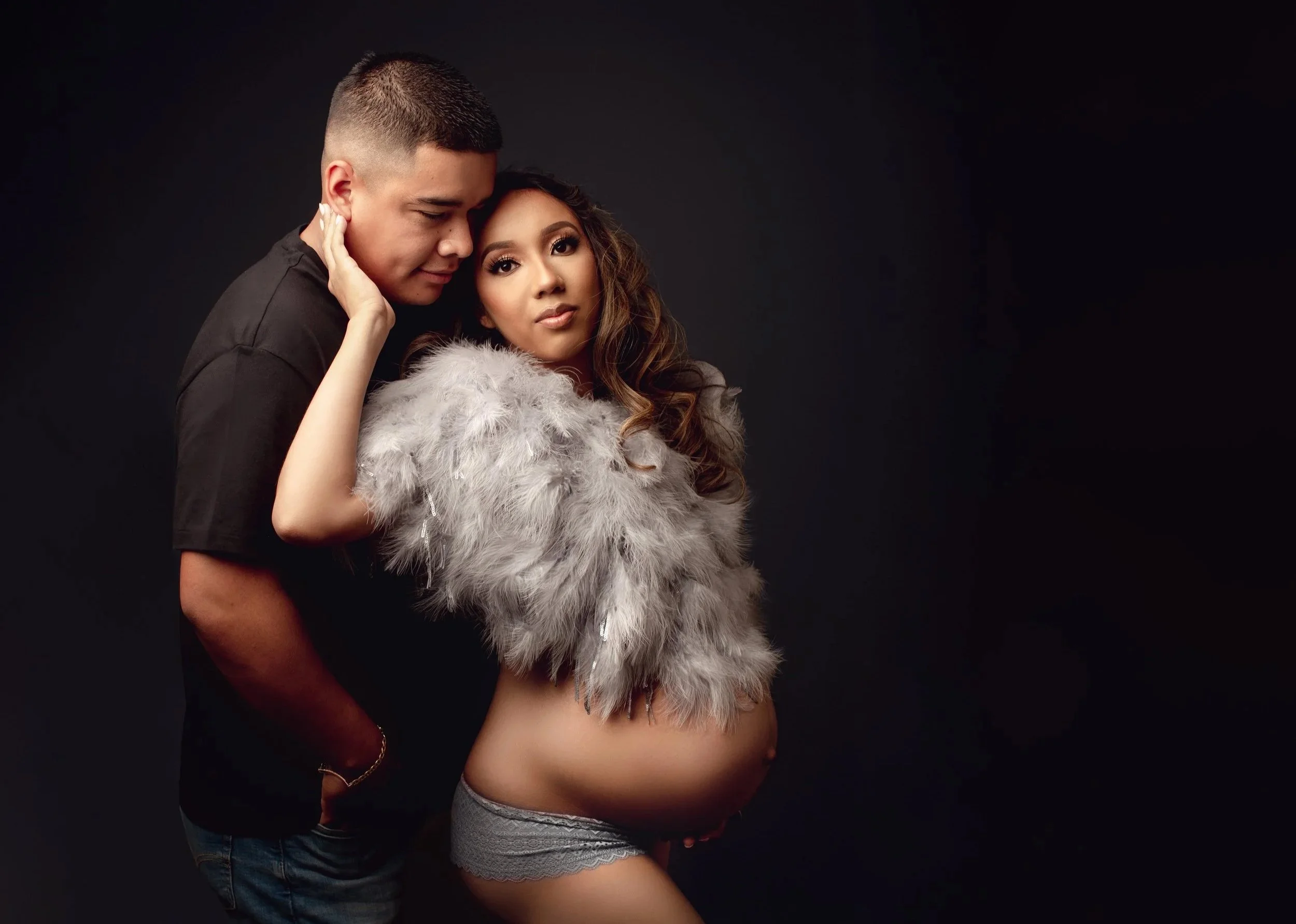 Studio maternity photography couple session in Solano County capturing beauty and glow of pregnancy. Including family portraits 