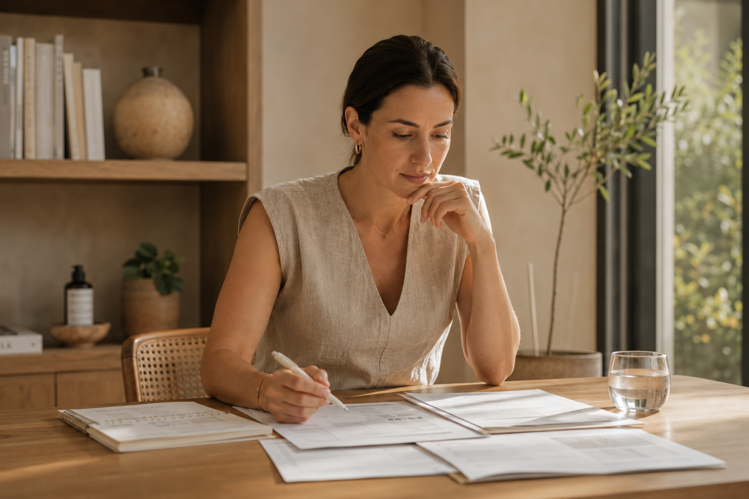 Woman working at a wooden desk with papers and a glass of water, in a well-lit room with a large window and potted plants.