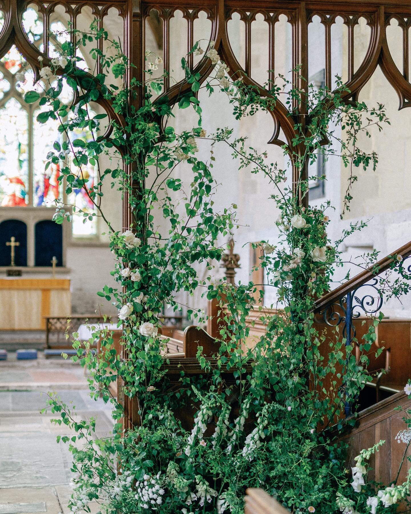 Church Flowers ~ Rambling roses, foxgloves and cow parsley. The best of a June hedgerow beautifully transforming this church rood screen. We have another stunning rood screen to transform later this year, filled with the bounty of early autumn. Think