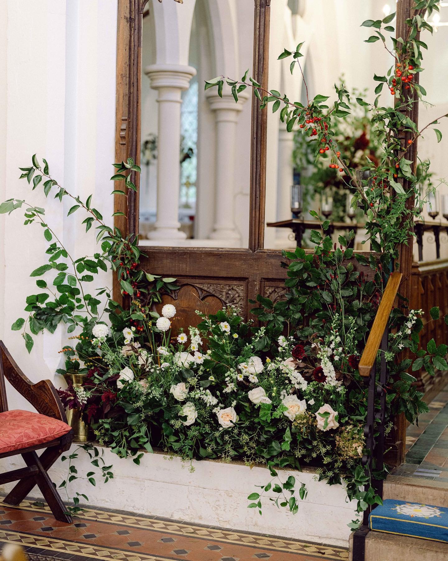 Church flowers ~ I really do love transforming a church with flowers. 

There&rsquo;s something about an old church with its wooden rood screens and stone altars that lend themselves perfectly to natural floral designs. Feeling like the outside has b